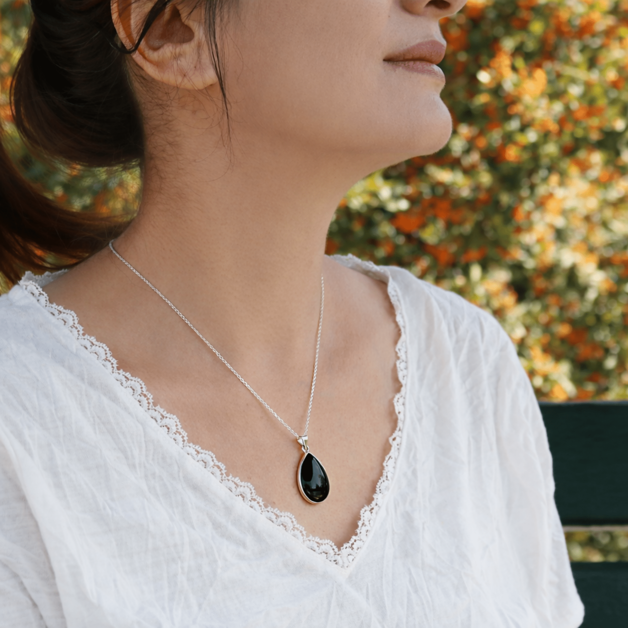 Sterling Silver 925 Black Onyx Teardrop Handmade Pendant Necklace 16+2'' Chain, 18x25mm - Wear Sierra