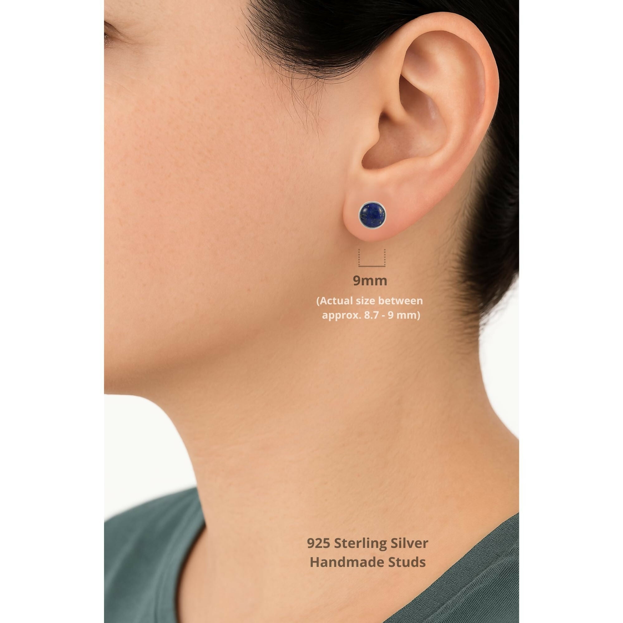 Sterling Silver .925 Navy Blue Lapis Lazuli 9mm Round Handmade Stud Earrings for Women and Men - Wear Sierra