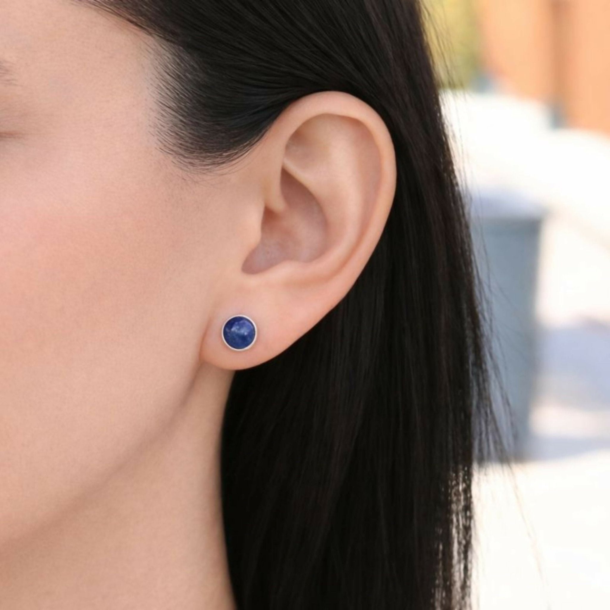 Sterling Silver .925 Navy Blue Lapis Lazuli 9mm Round Handmade Stud Earrings for Women and Men - Wear Sierra