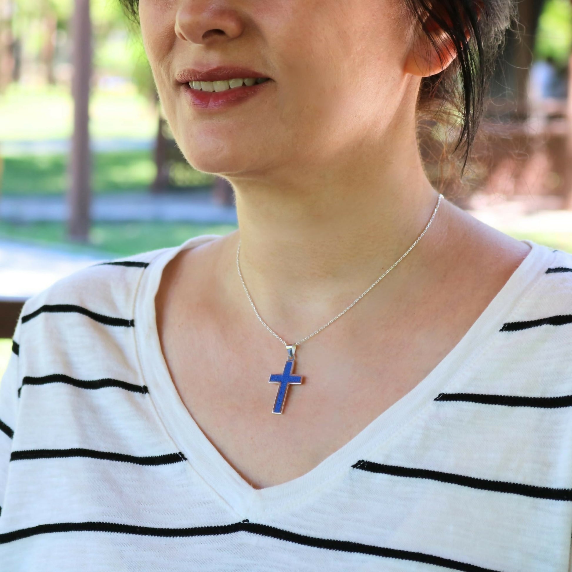 Sterling Silver .925 Navy Blue Lapis Lazuli Cross Small Handmade Pendant Necklace for Women & Men with 18+2'' Extender Chain - Wear Sierra