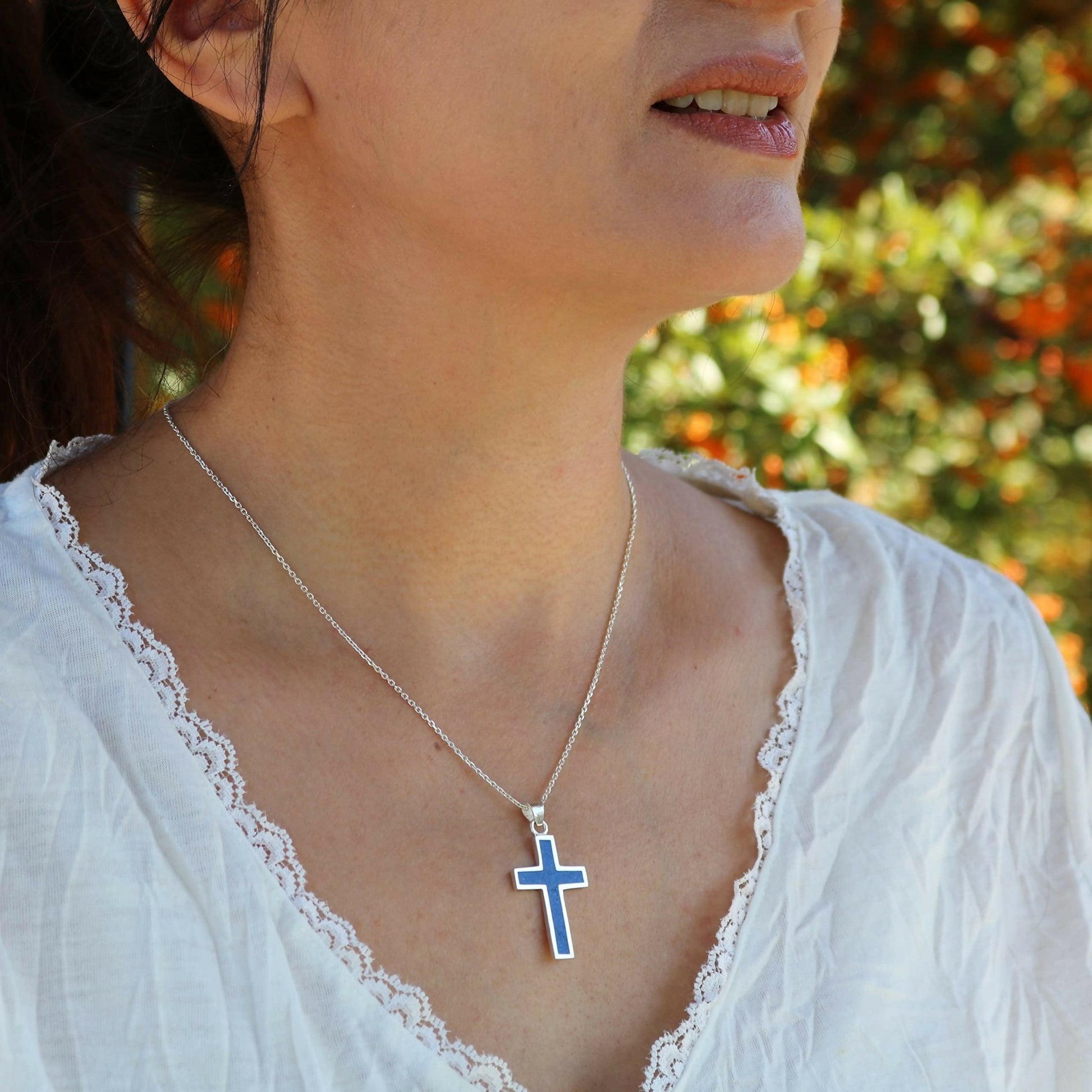 Sterling Silver .925 Navy Blue Lapis Lazuli Cross Small Handmade Pendant Necklace for Women & Men with 18+2'' Extender Chain - Wear Sierra