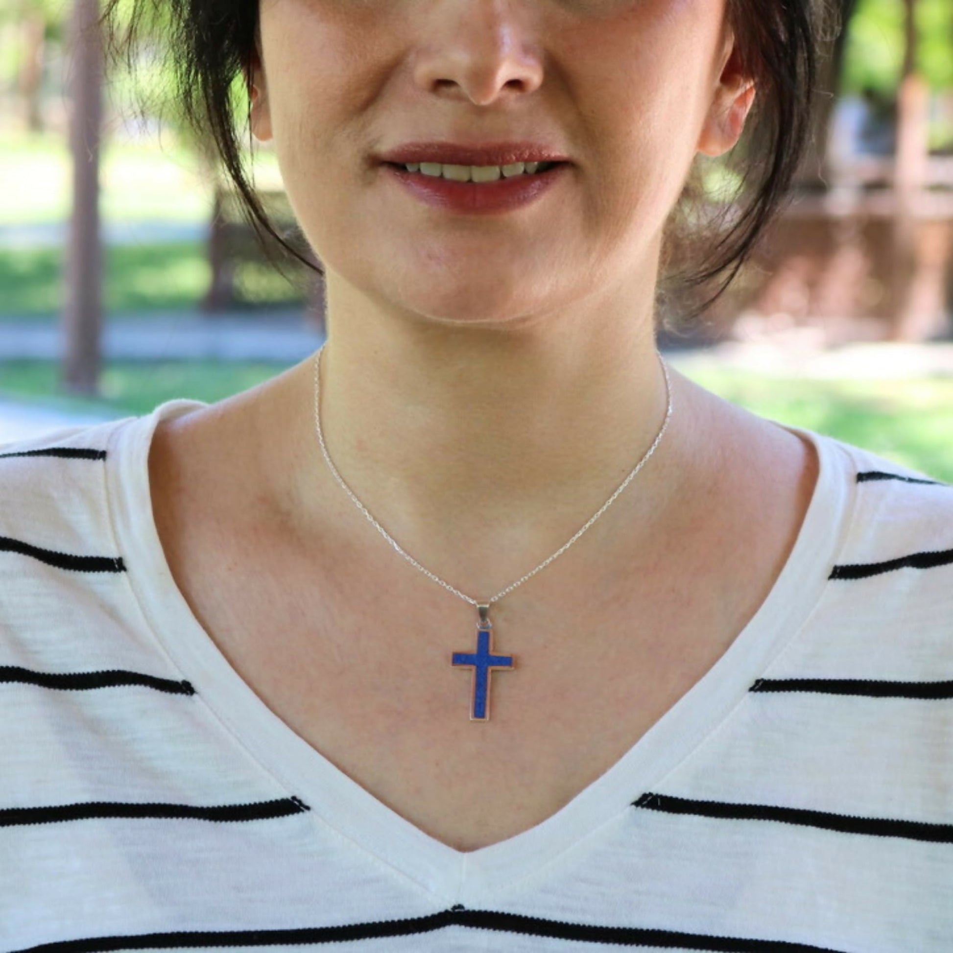 Sterling Silver .925 Navy Blue Lapis Lazuli Cross Small Handmade Pendant Necklace for Women & Men with 18+2'' Extender Chain - Wear Sierra