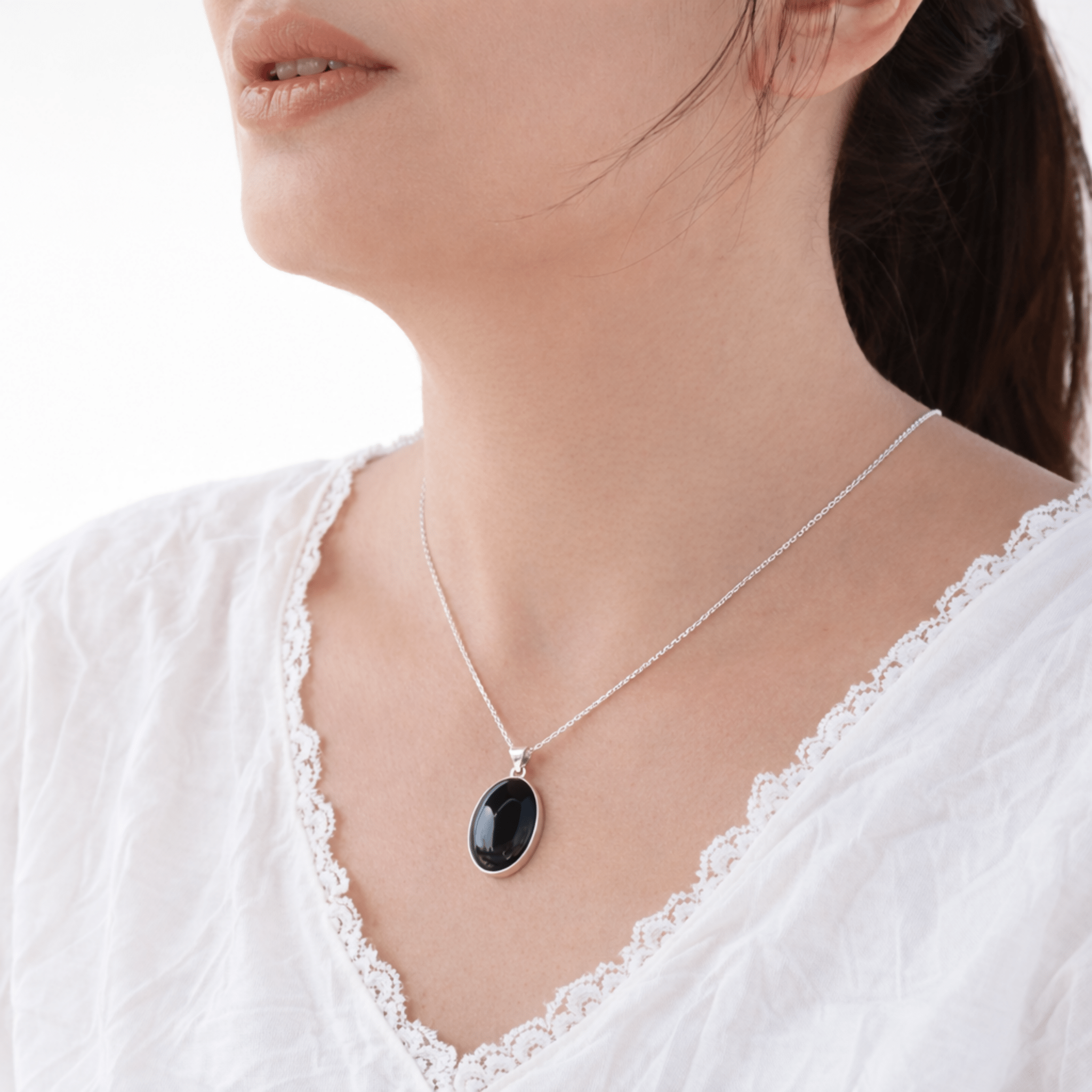 Sterling Silver .925 Oval Black Onyx Handmade Pendant Necklace 18" + 2'' Extender Chain for Women - Wear Sierra