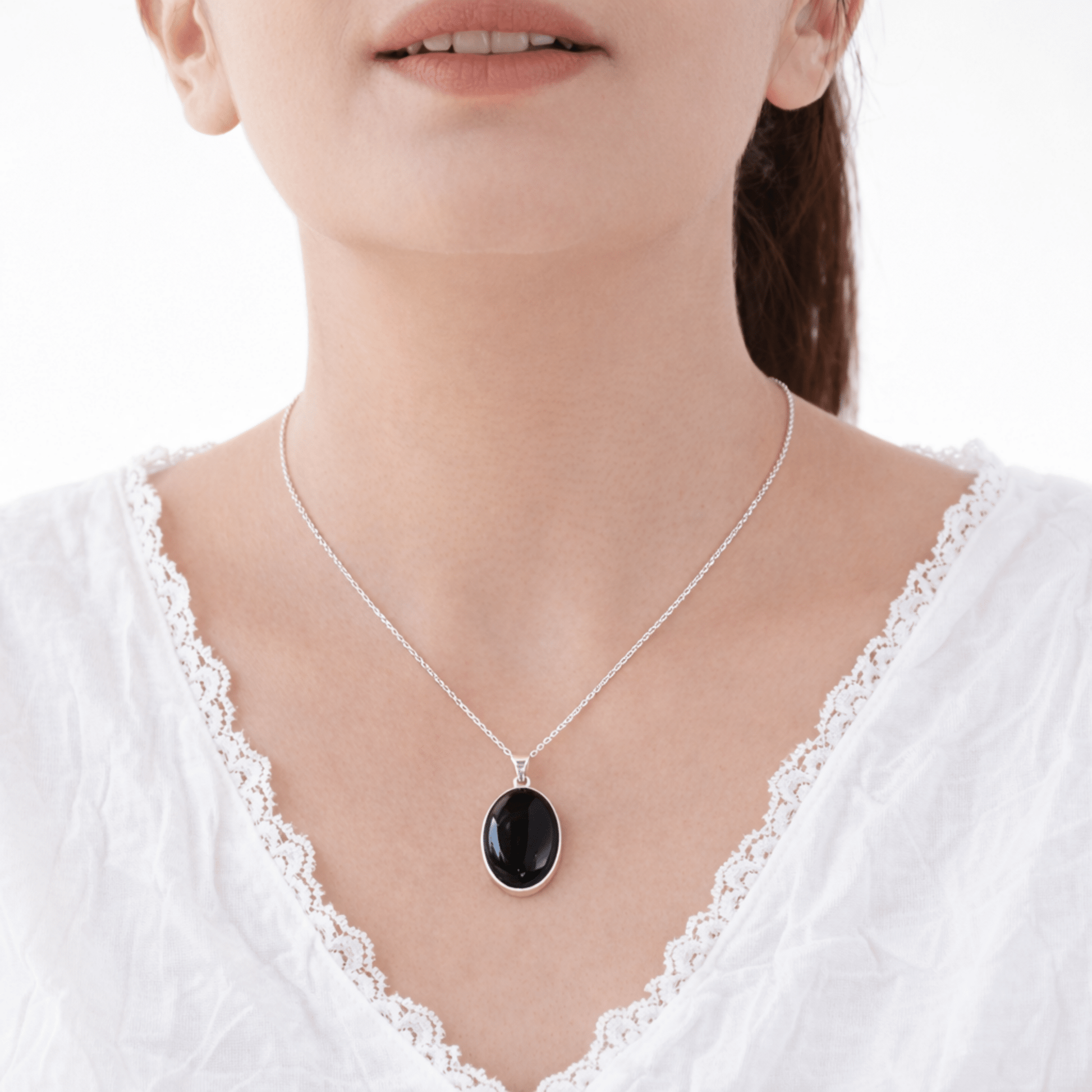 Sterling Silver .925 Oval Black Onyx Handmade Pendant Necklace 18" + 2'' Extender Chain for Women - Wear Sierra