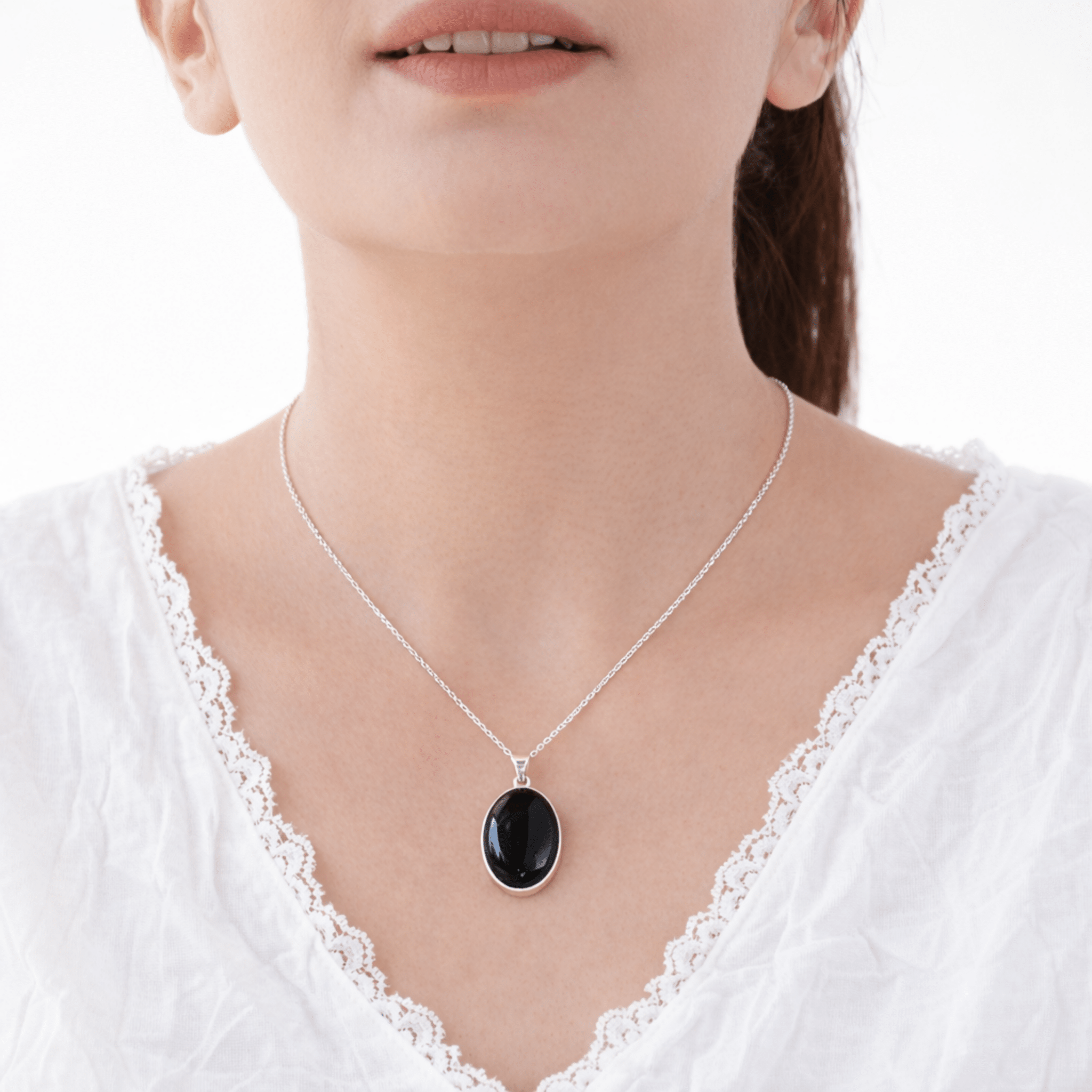 Sterling Silver .925 Oval Black Onyx Handmade Pendant Necklace 18" + 2'' Extender Chain for Women - Wear Sierra