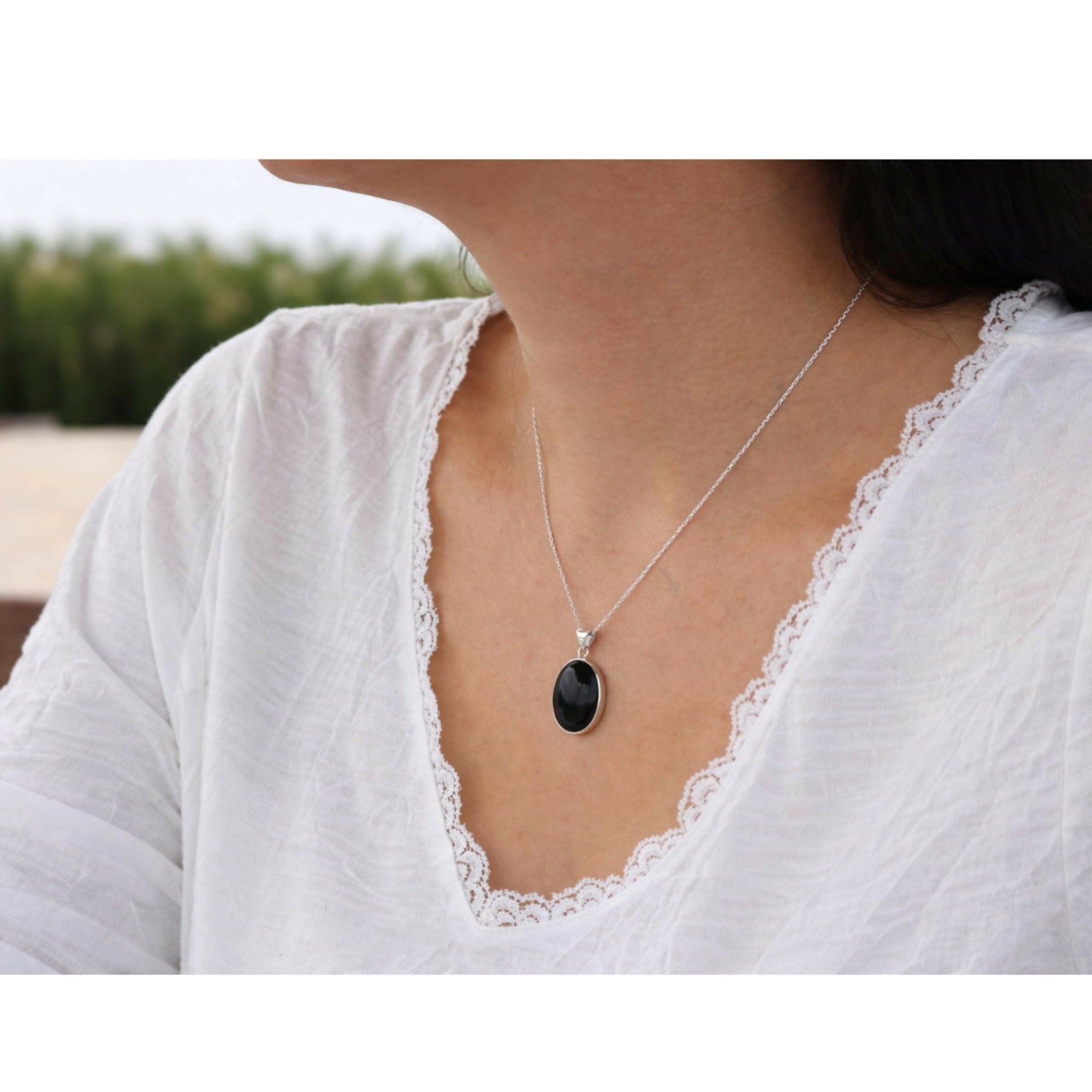Sterling Silver .925 Oval Black Onyx Handmade Small Pendant Necklace 16" + 2'' Extender Chain for Women - Wear Sierra
