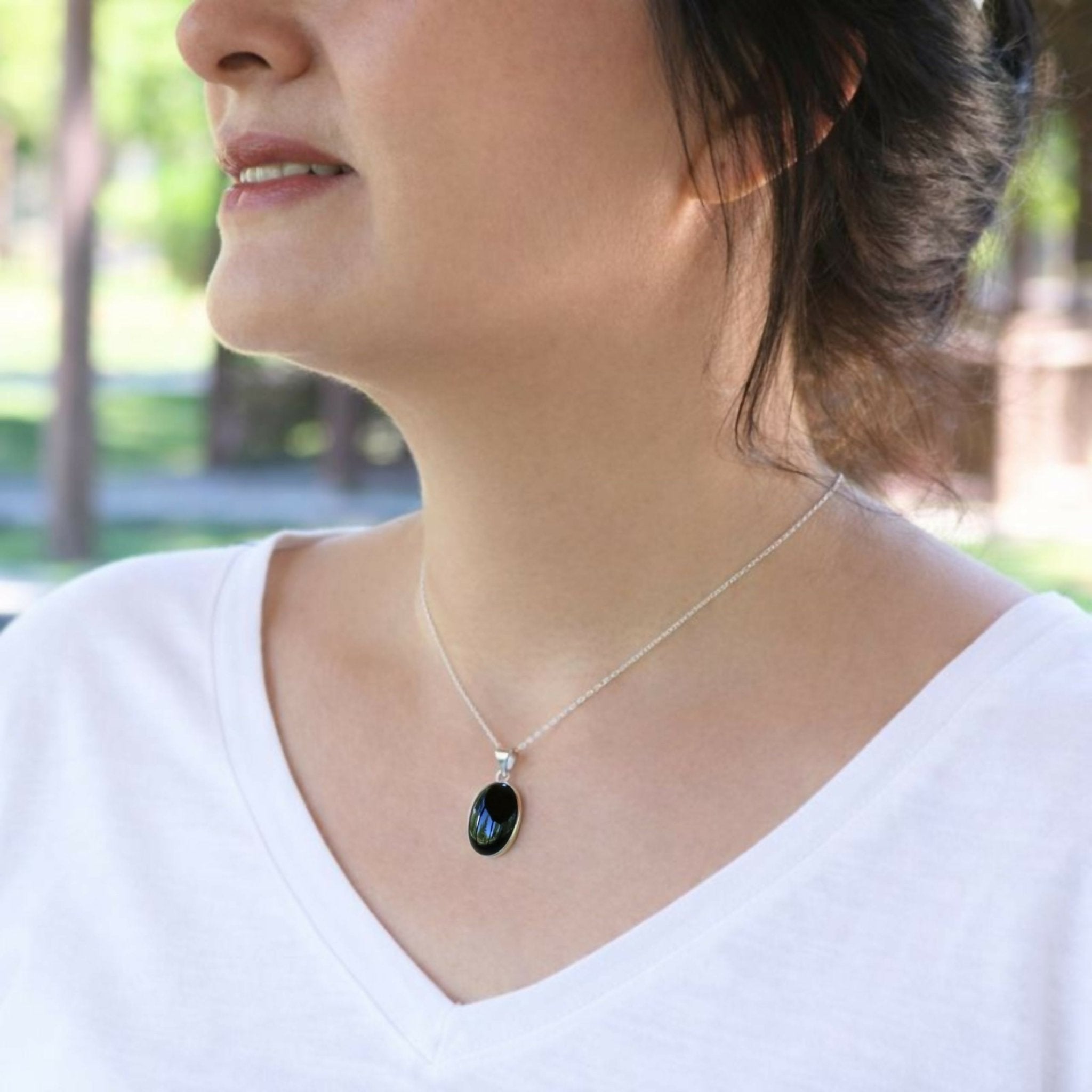 Sterling Silver .925 Oval Black Onyx Handmade Small Pendant Necklace 16" + 2'' Extender Chain for Women - Wear Sierra