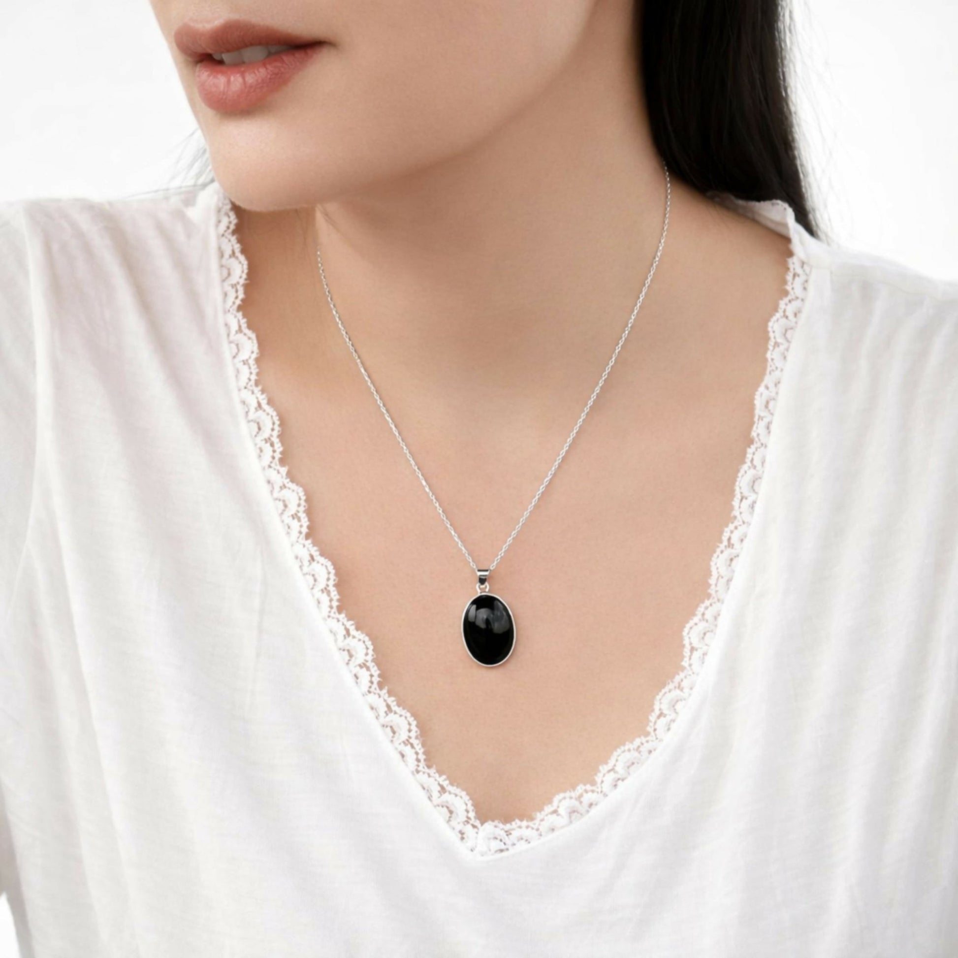 Sterling Silver .925 Oval Black Onyx Handmade Small Pendant Necklace 16" + 2'' Extender Chain for Women - Wear Sierra