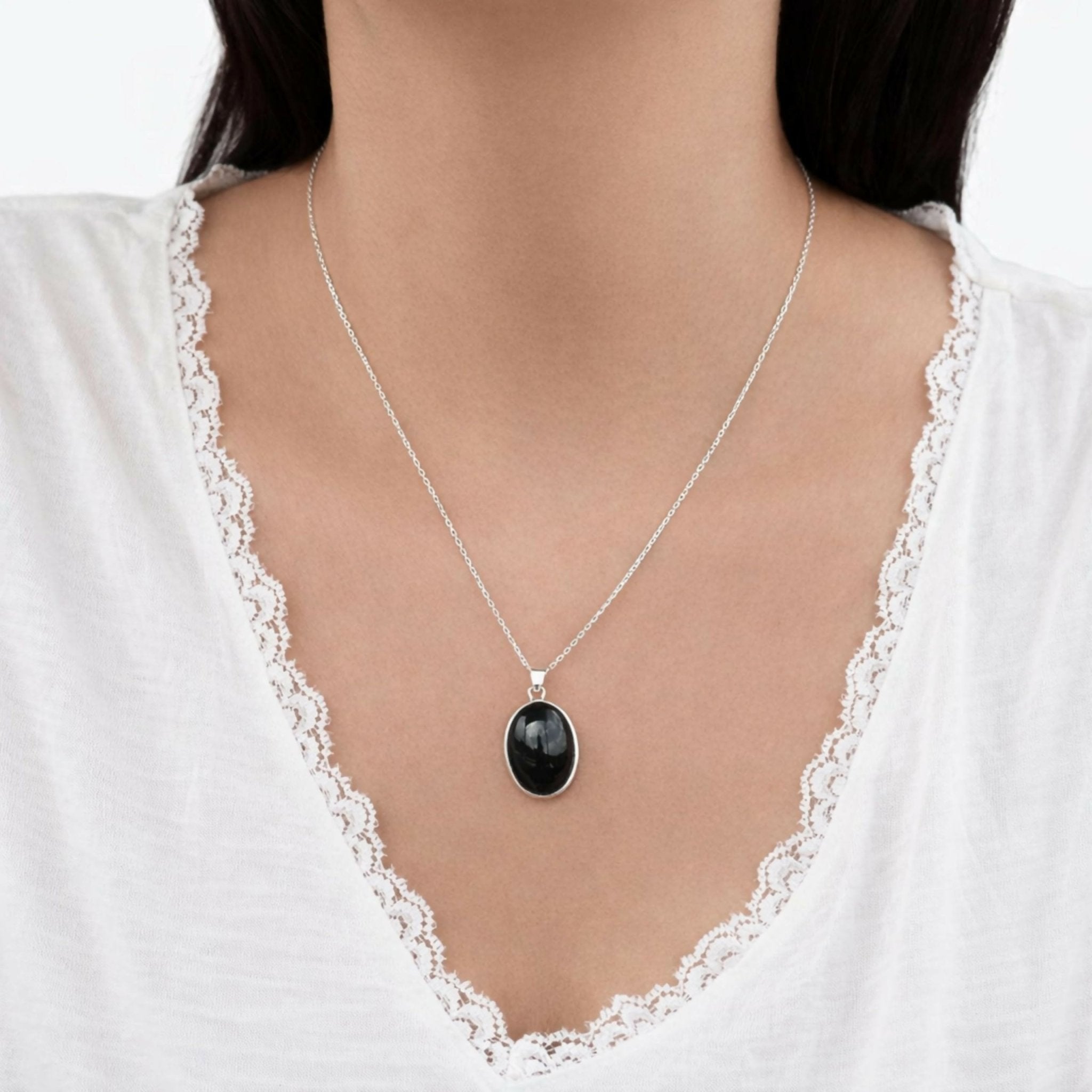 Sterling Silver .925 Oval Black Onyx Handmade Small Pendant Necklace 16" + 2'' Extender Chain for Women - Wear Sierra