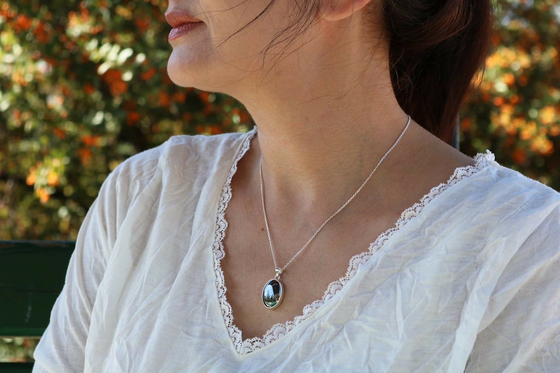 Sterling Silver .925 Oval Hematite Small Handmade Pendant Necklace 18" + 2'' Extender Chain for Women - Wear Sierra