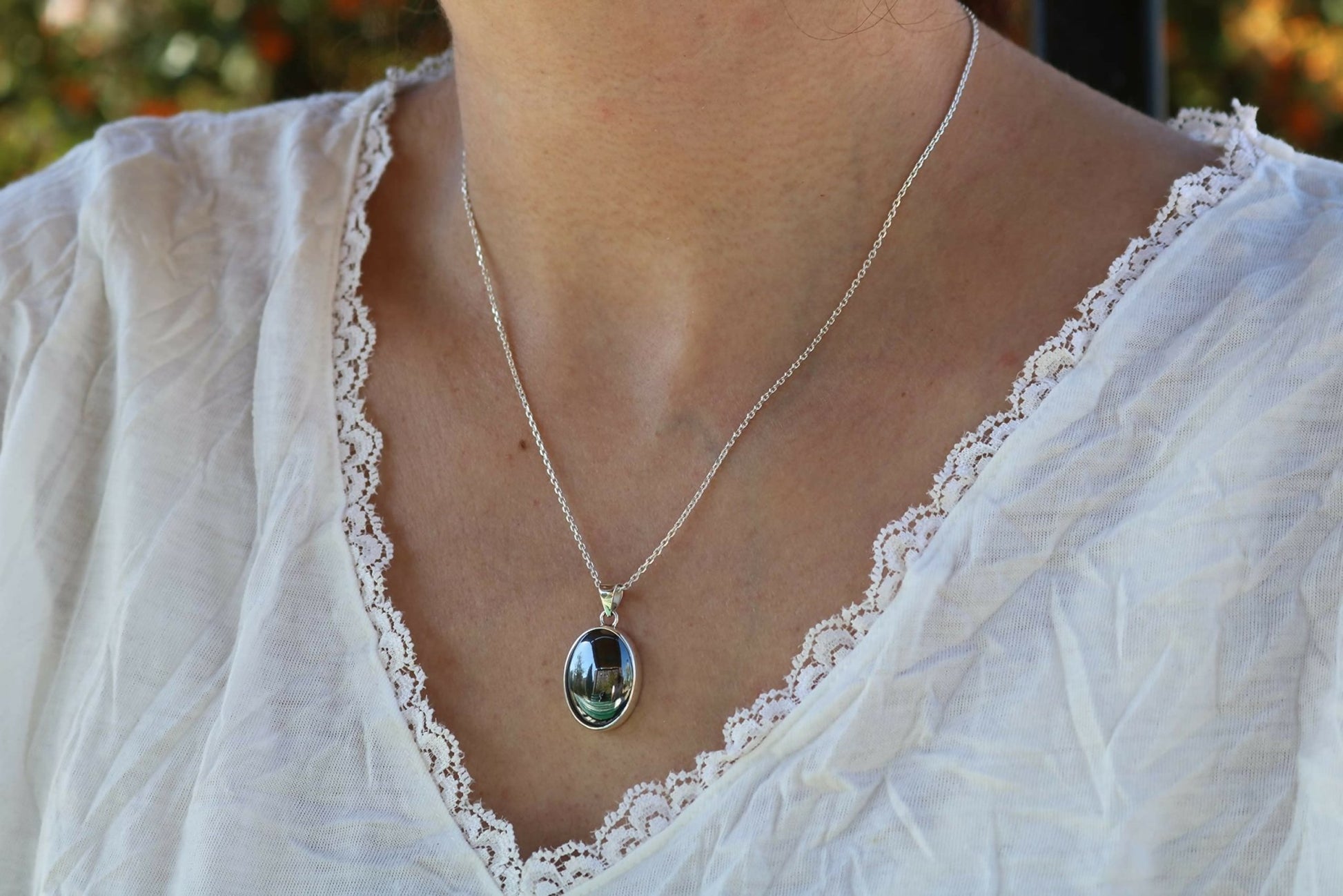 Sterling Silver .925 Oval Hematite Small Handmade Pendant Necklace 18" + 2'' Extender Chain for Women - Wear Sierra