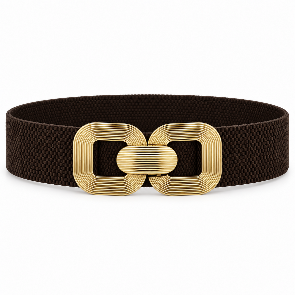Women’s Wide Elastic Stretch Waist Belt with Textured Gold-Tone Buckle – Brown