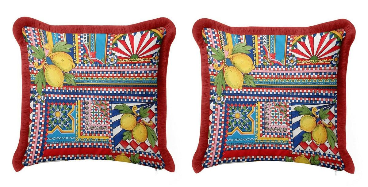 Throw Pillow Cover Set of 2 with Fringe and Tassels - Italian-Inspired Colorful Home Decor - Wear Sierra