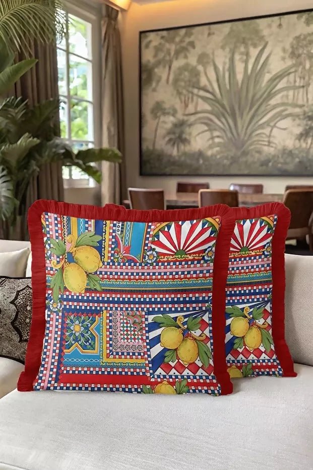 Throw Pillow Cover Set of 2 with Fringe and Tassels - Italian-Inspired Colorful Home Decor - Wear Sierra