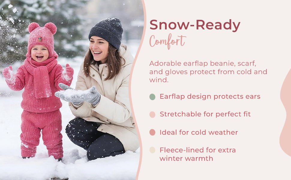Toddler Knitted Winter Beanie 3 Piece Set With Earflaps For Girls - Wear Sierra