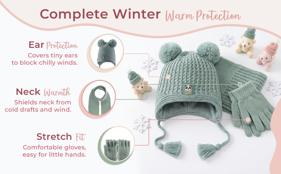 Toddler Knitted Winter Beanie 3 Piece Set With Earflaps For Girls - Wear Sierra