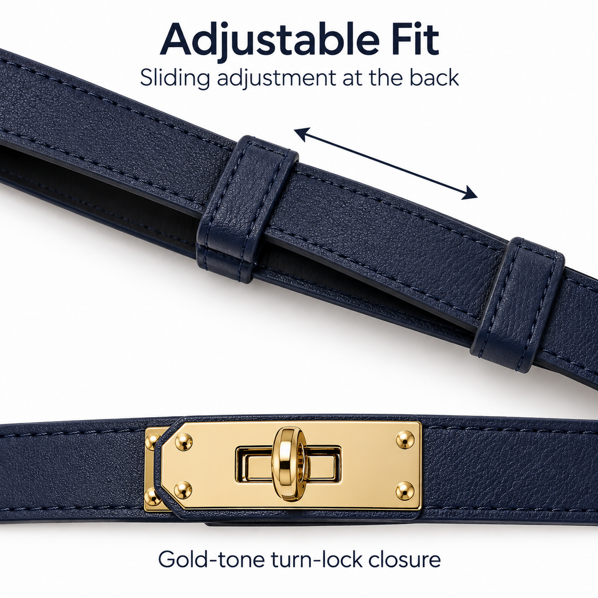 Women’s Adjustable Skinny Belt Set, 2-Pack, Gold-Tone Turn-Lock Closure, Black & Navy