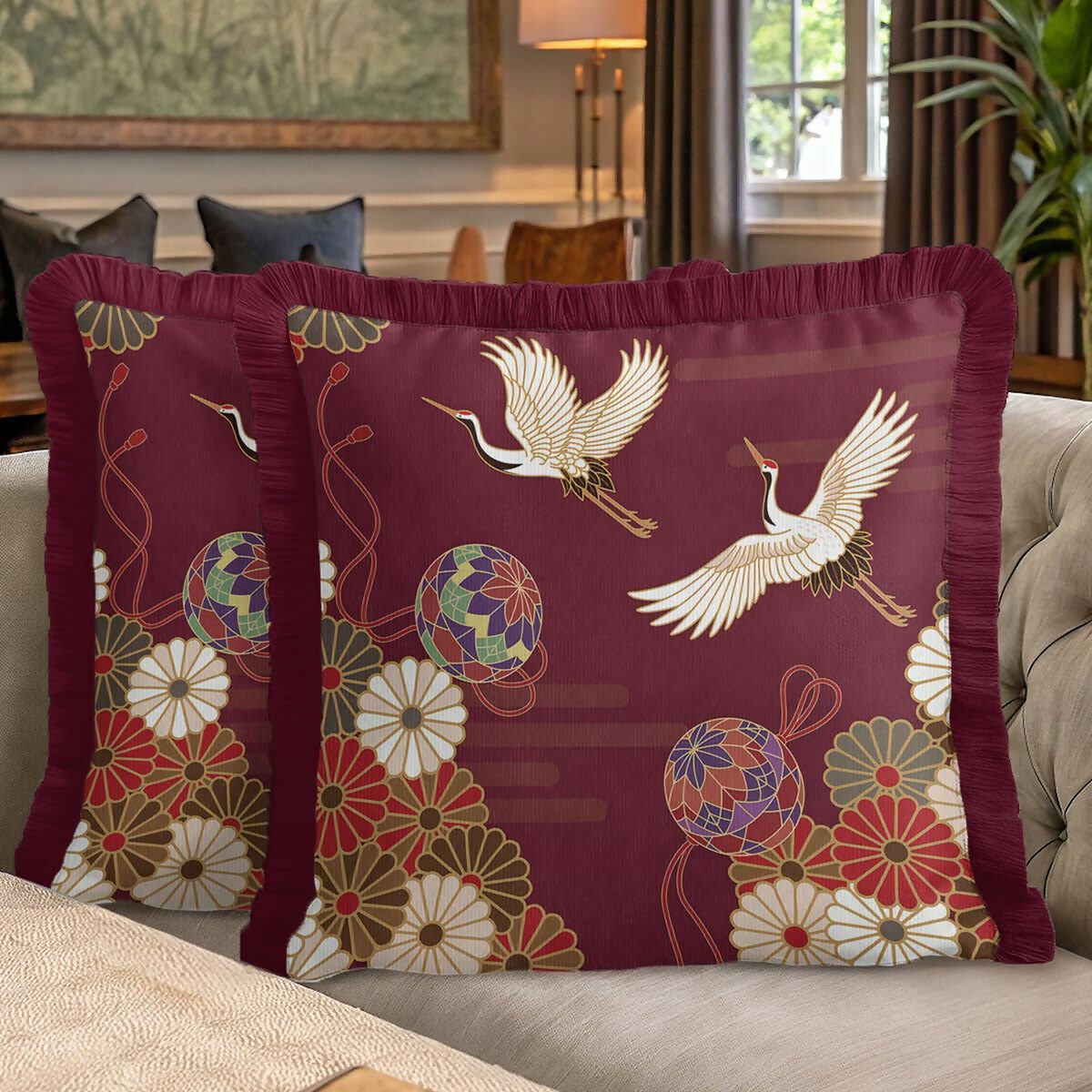 Traditional Bohemian Crane Bird Patterned Fringed Burgandy Cushion Cover,Set of 2 - Wear Sierra