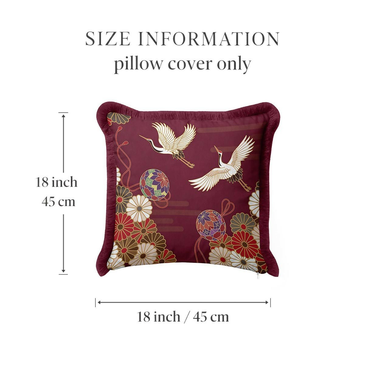 Traditional Bohemian Crane Bird Patterned Fringed Burgandy Cushion Cover,Set of 2 - Wear Sierra