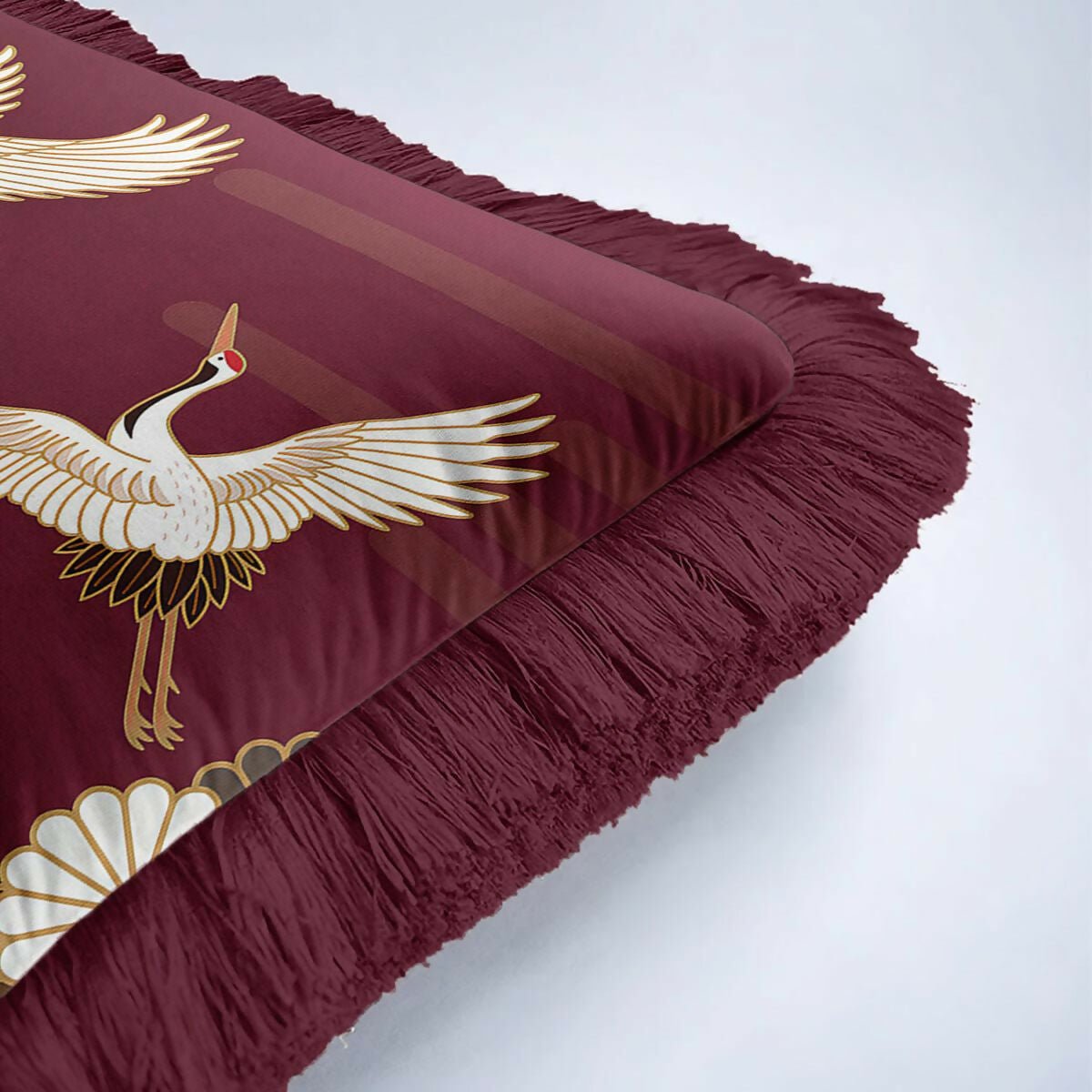 Traditional Bohemian Crane Bird Patterned Fringed Burgandy Cushion Cover,Set of 2 - Wear Sierra