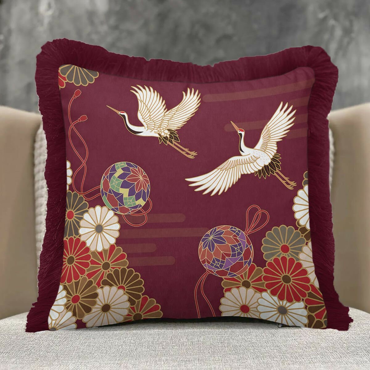Traditional Bohemian Crane Bird Patterned Fringed Burgandy Cushion Cover,Set of 2 - Wear Sierra