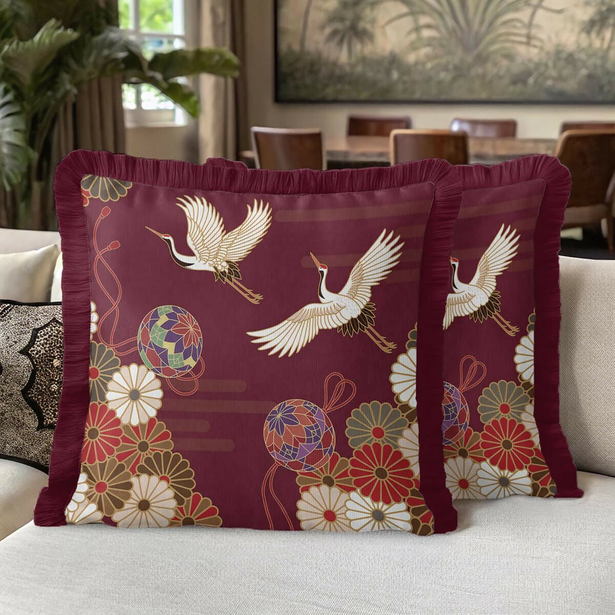Traditional Bohemian Crane Bird Patterned Fringed Burgandy Cushion Cover,Set of 2 - Wear Sierra