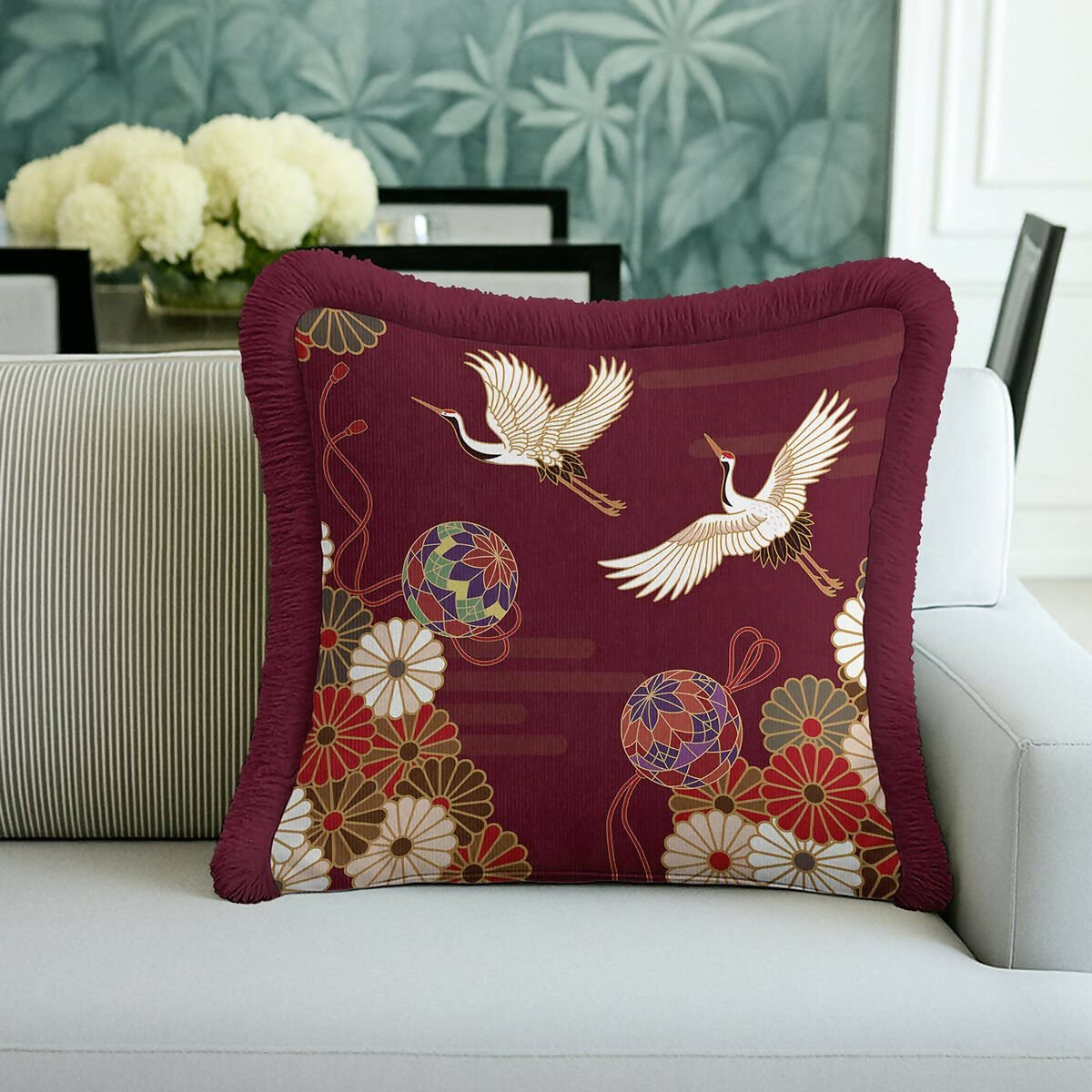 Traditional Bohemian Crane Bird Patterned Fringed Burgandy Cushion Cover,Set of 2 - Wear Sierra