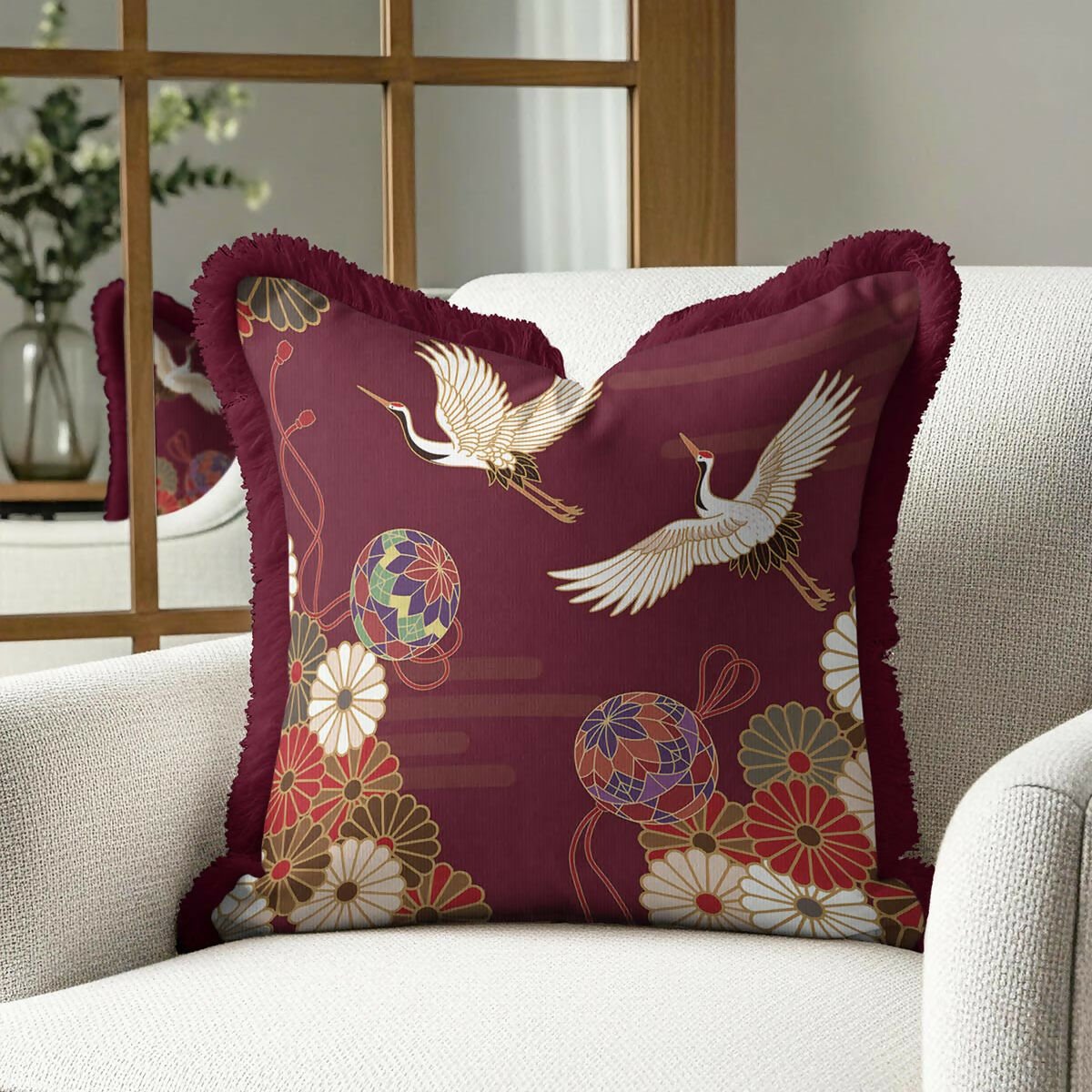 Traditional Bohemian Crane Bird Patterned Fringed Burgandy Cushion Cover,Set of 2 - Wear Sierra