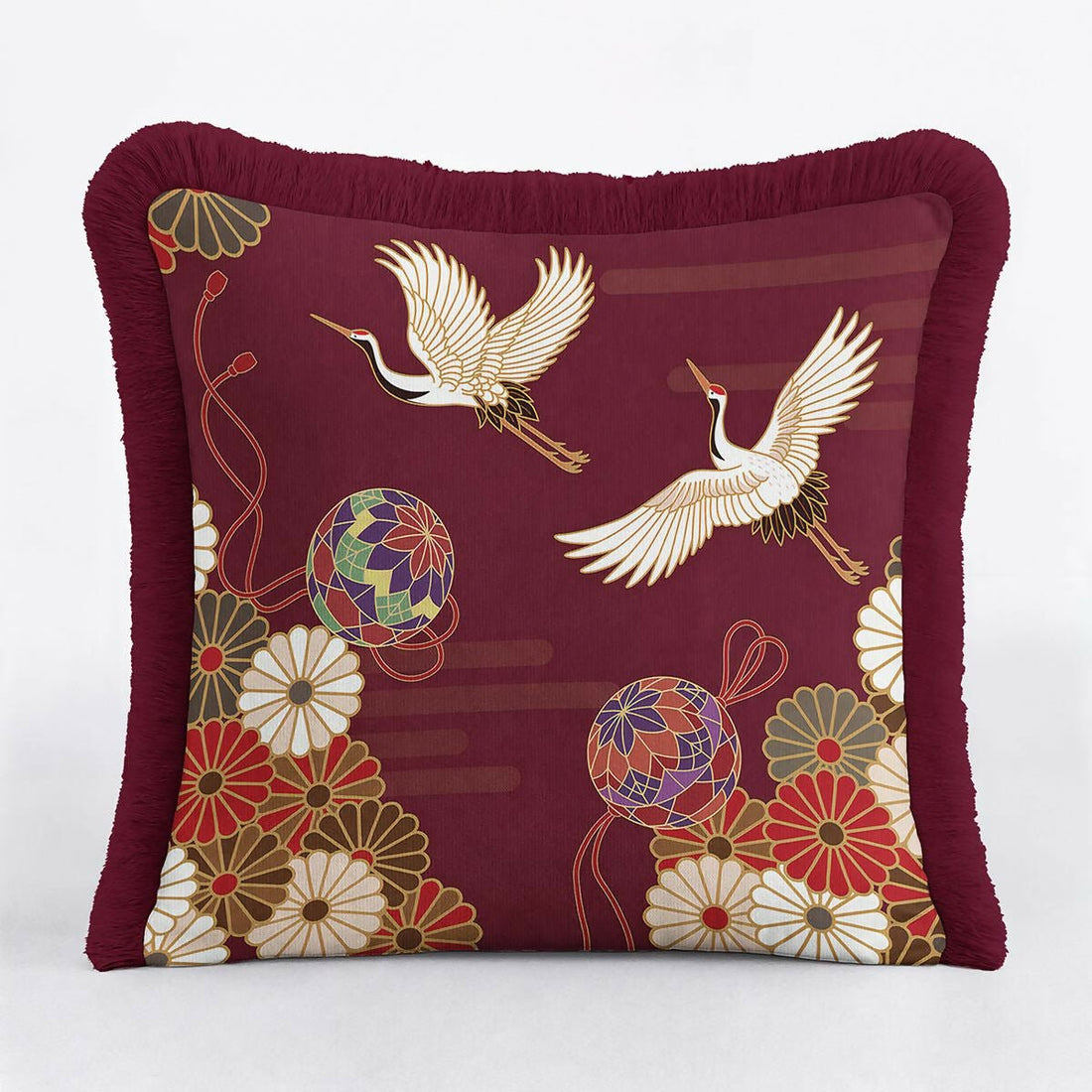 Traditional Bohemian Crane Bird Patterned Fringed Burgandy Cushion Cover,Set of 2 - Wear Sierra