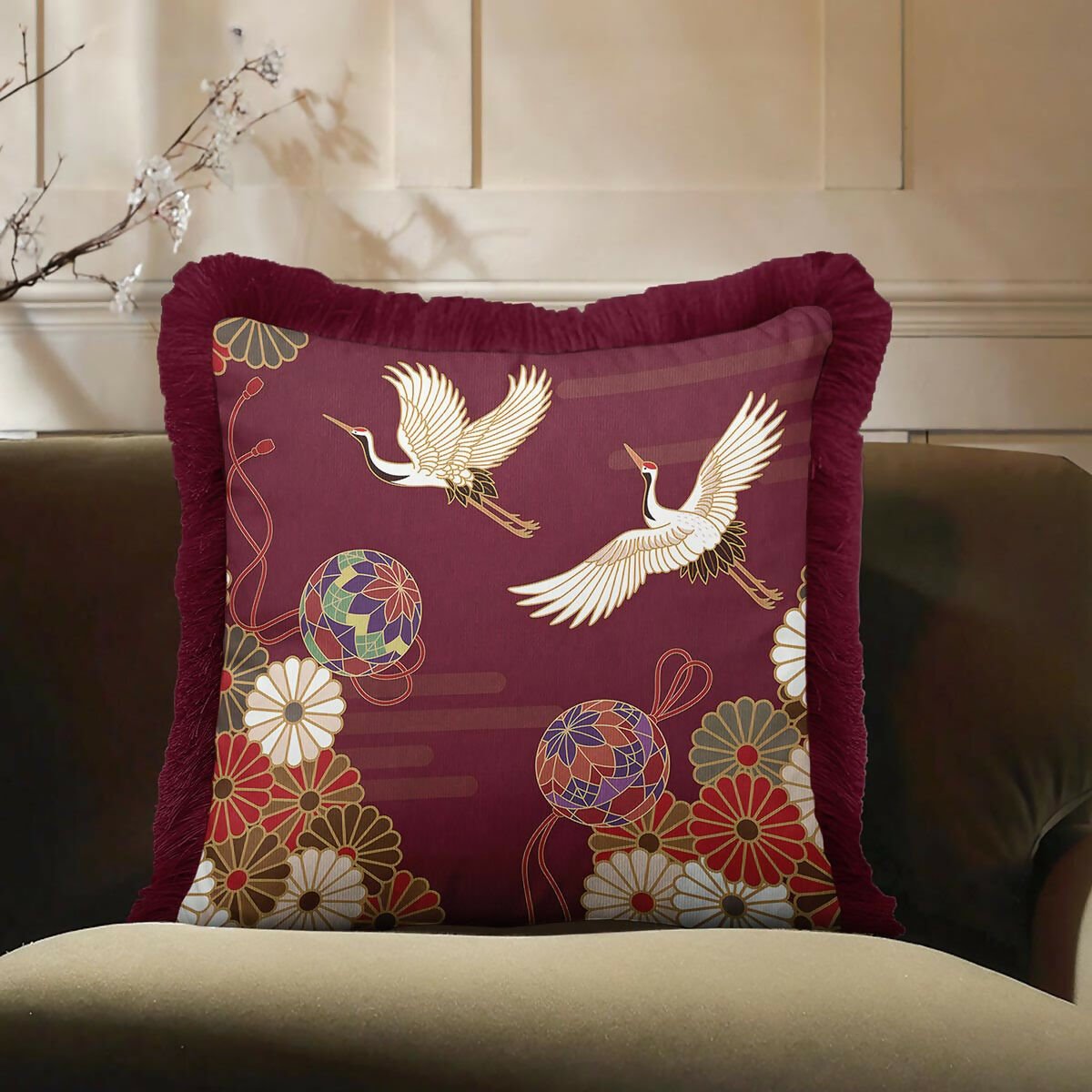 Traditional Bohemian Crane Bird Patterned Fringed Burgandy Cushion Cover,Set of 2 - Wear Sierra