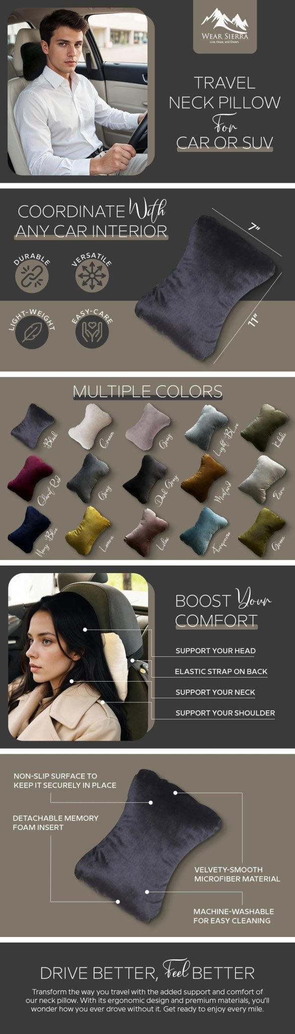 Travel Neck Pillow for Car or SUV with Elastic Strap - Wear Sierra