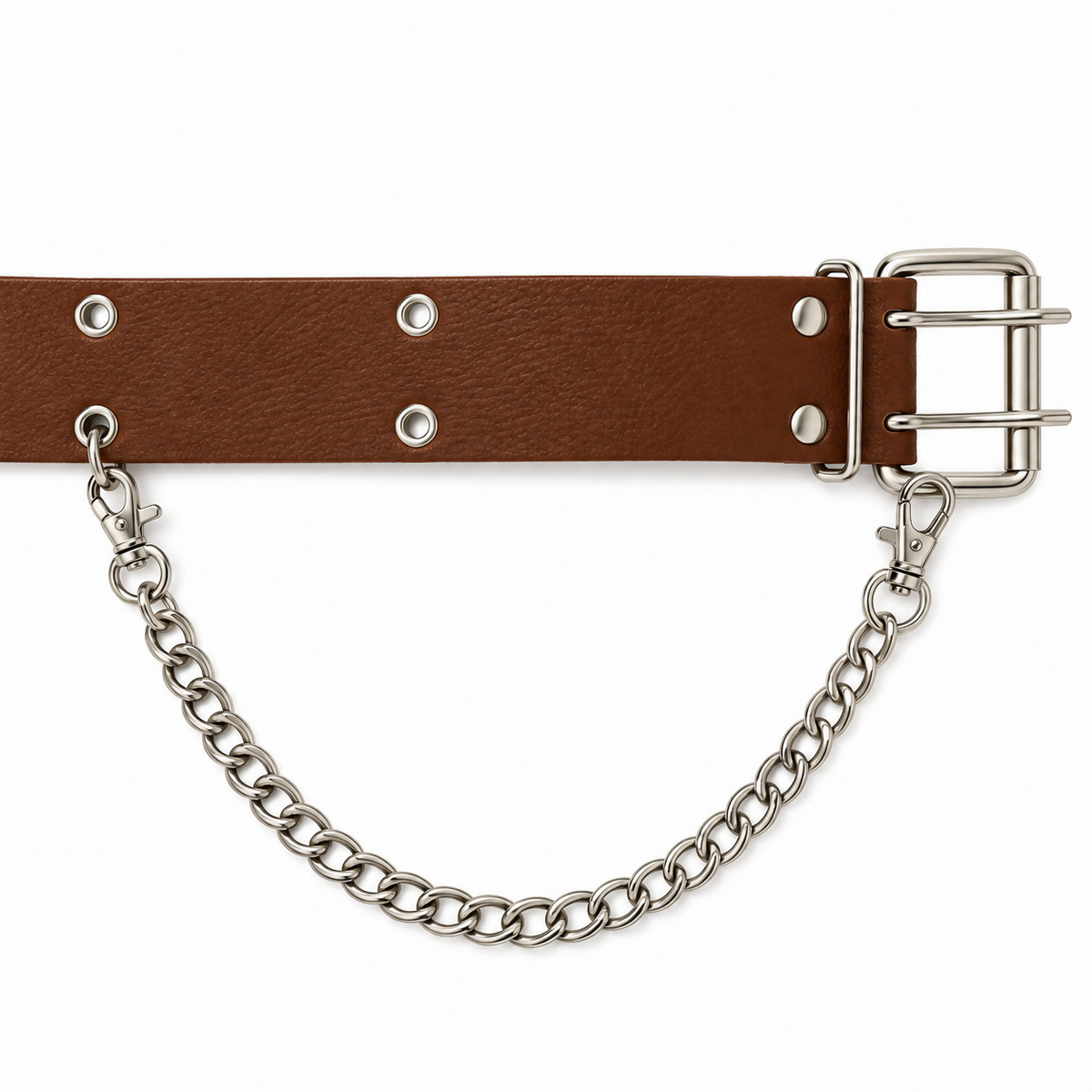 Women’s Belt – Brown Double-Row Grommet Belt with Silver-Tone Chain