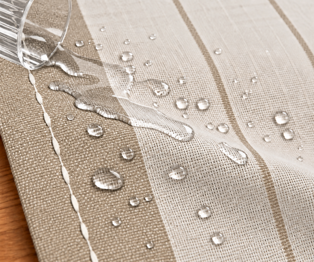 Warm Taupe & Ivory Striped Water-Repellent Turkish Cotton Table Runner – Coastal & Timeless Style