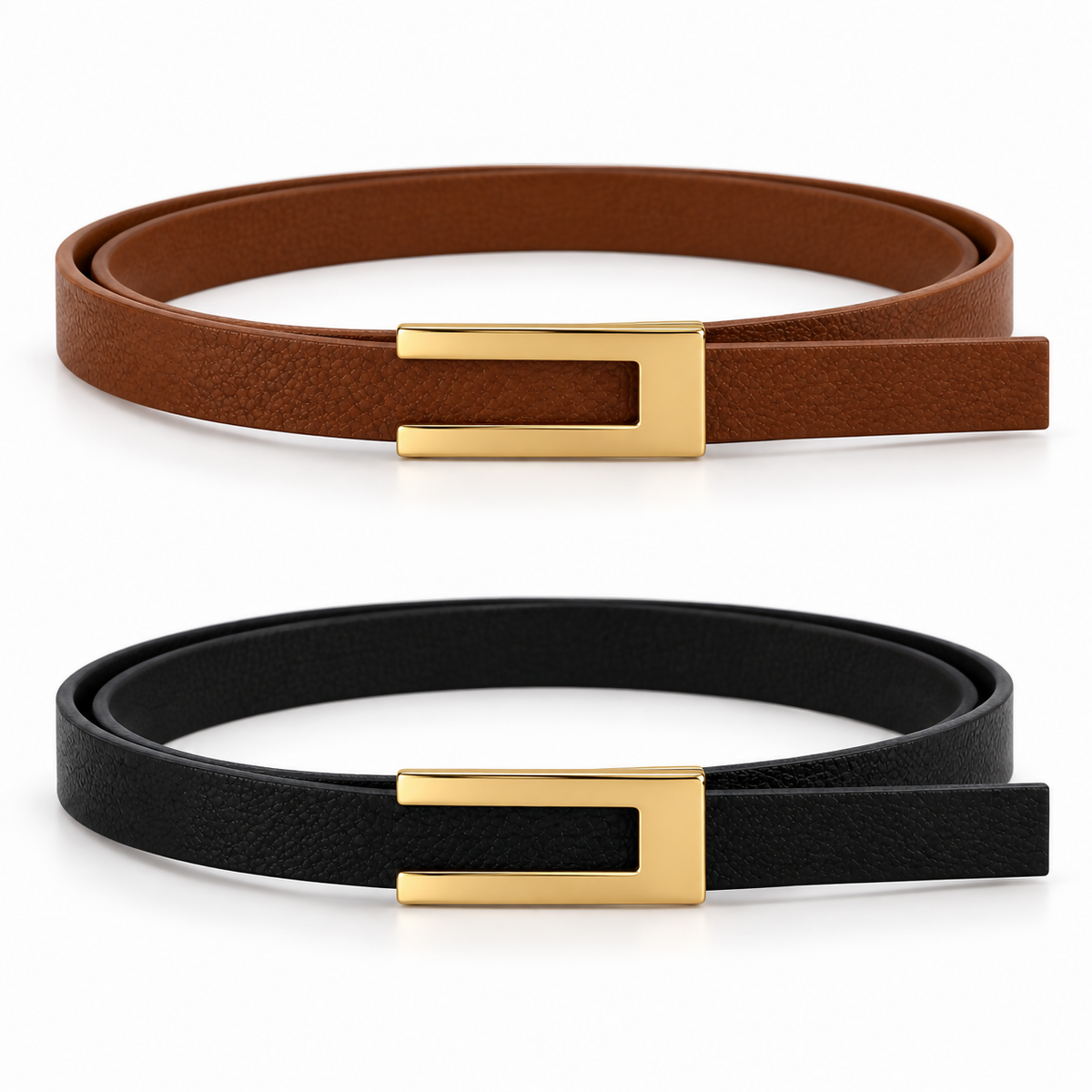 Women’s 2-Pack Skinny Belt Set with Gold-Tone U-Shaped Buckles – Black & Brown
