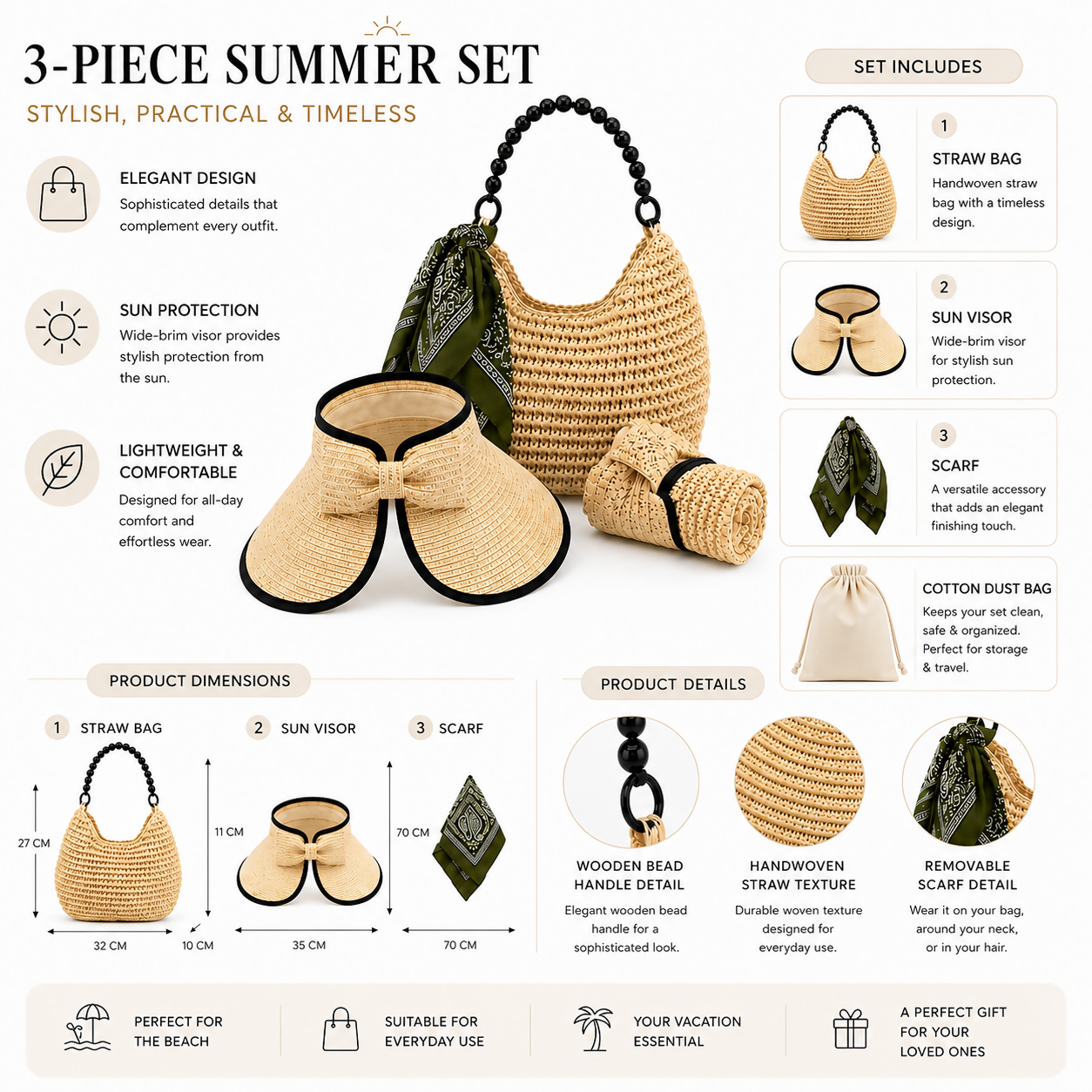 Women's 3-Piece Beach Set – Straw Tote Bag, Sun Visor Hat & Fashion Scarf