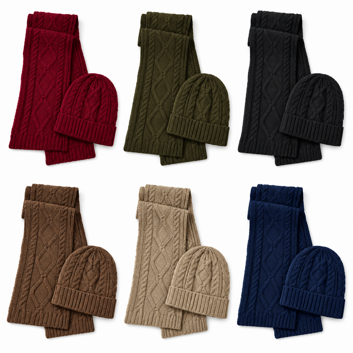 Unisex Cable Knit Beanie and Scarf Set for Men and Women, 2-Piece, Black