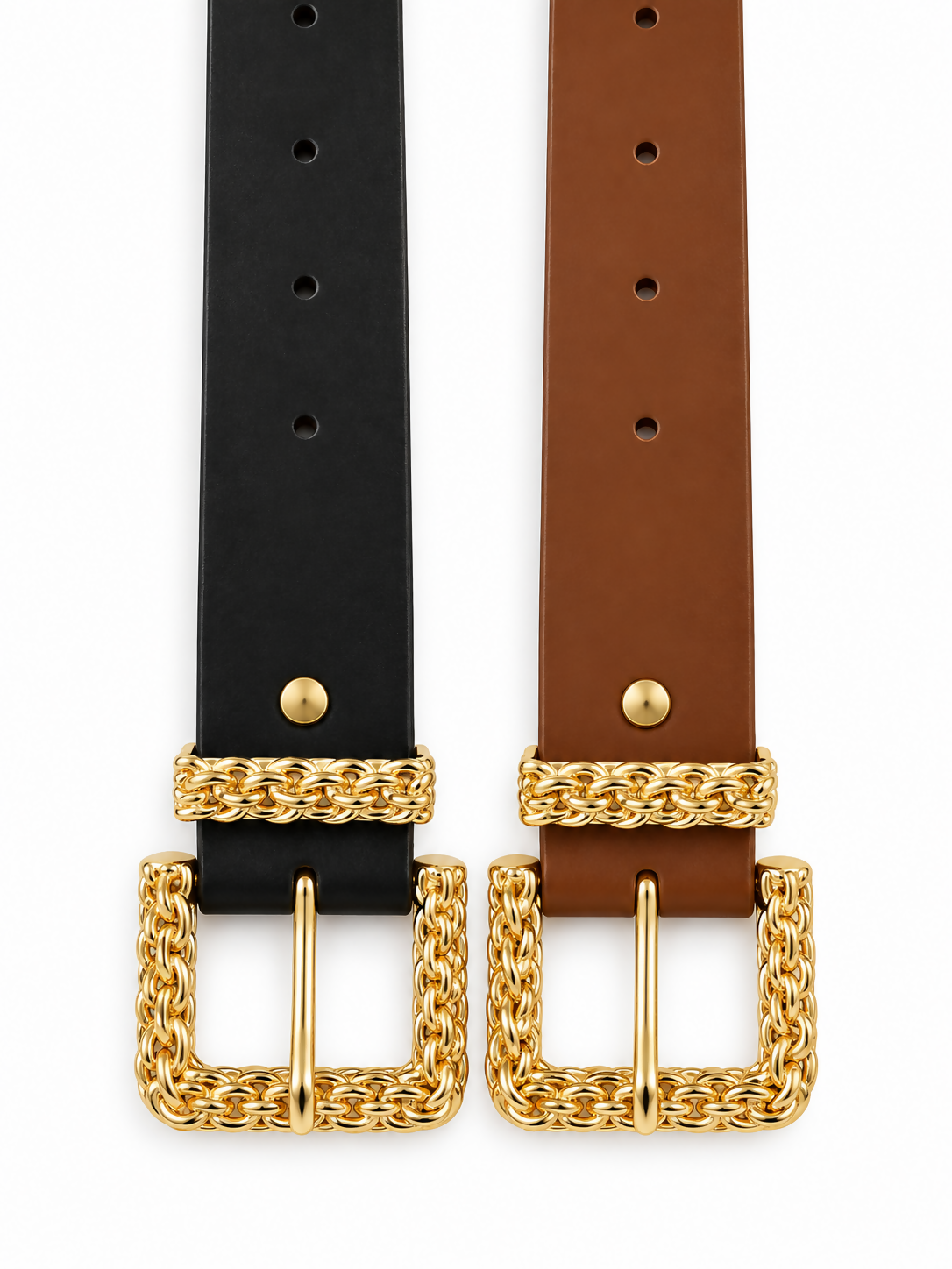 Women’s 2-Pack Belt Set with Gold-Tone Chain-Detail Buckles – Black & Cognac Brown