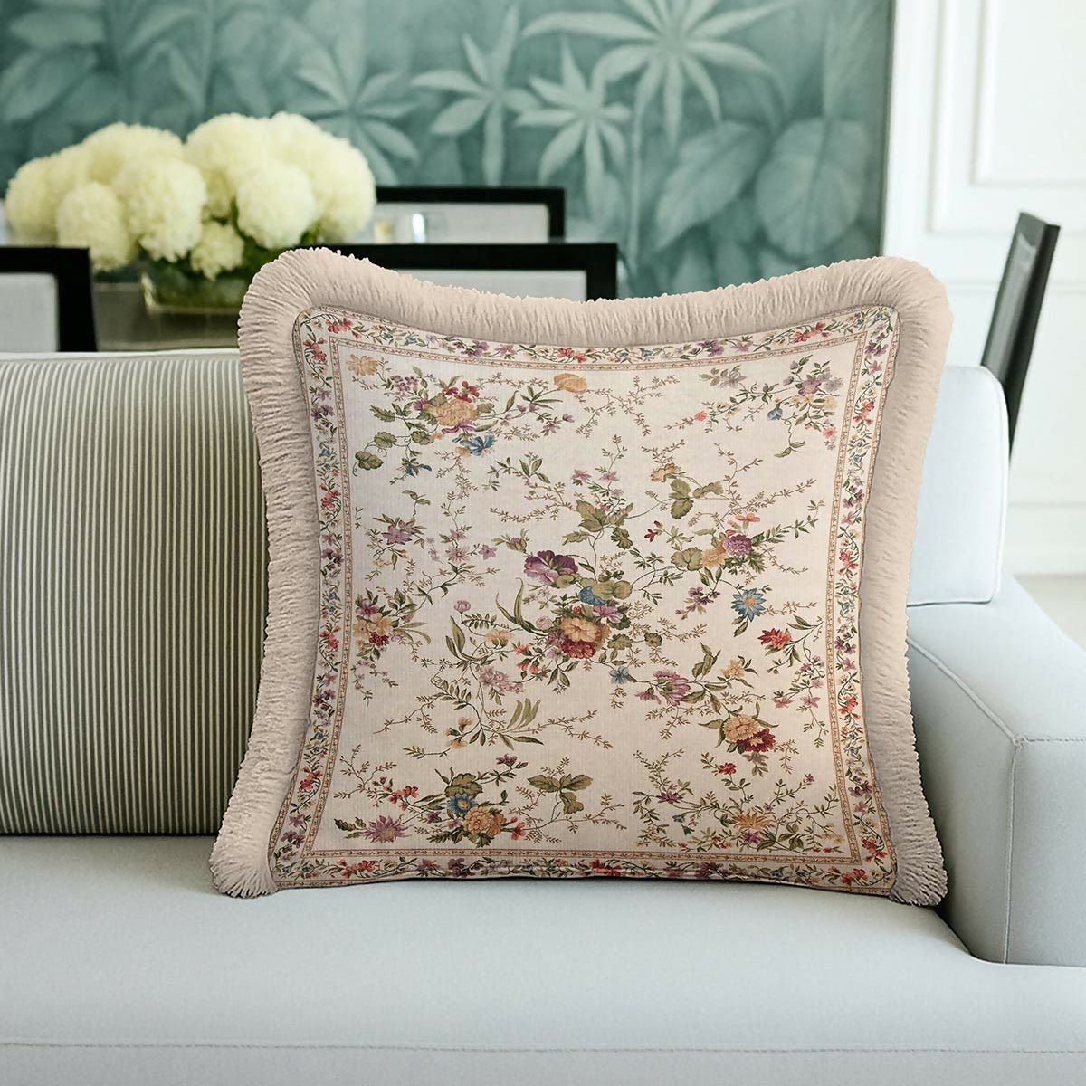 Vintage Floral Fringed Cushion Cover – Set of 2 Cream Classic Country Throw Pillow Cover with Beige Tassels - Wear Sierra