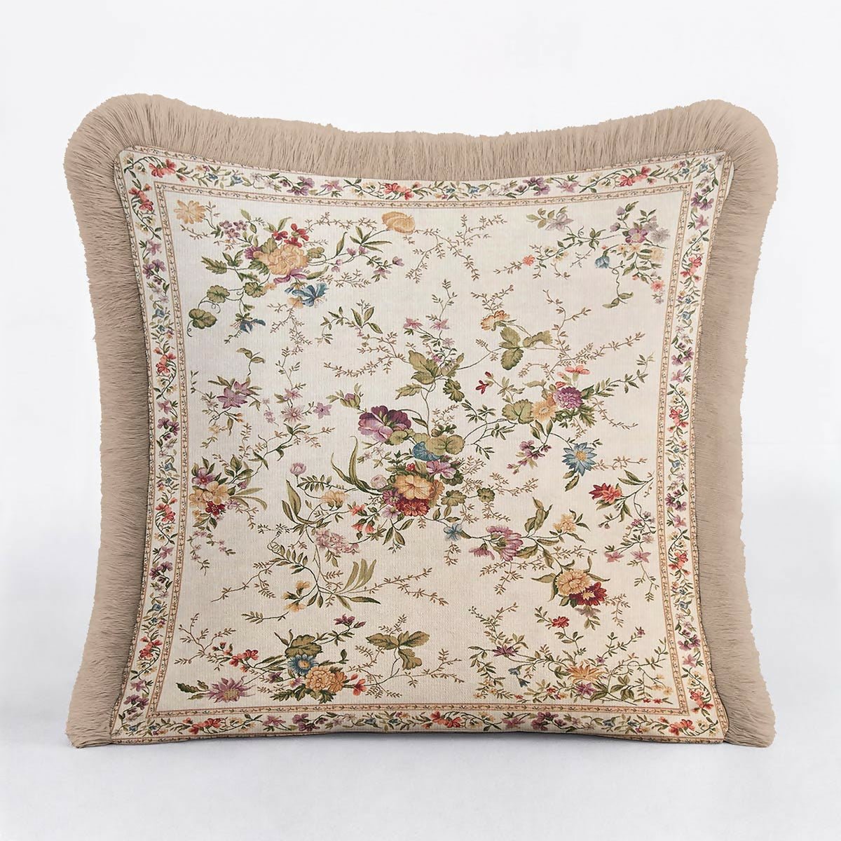 Vintage Floral Fringed Cushion Cover – Set of 2 Cream Classic Country Throw Pillow Cover with Beige Tassels - Wear Sierra