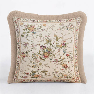 Vintage Floral Fringed Cushion Cover – Set of 2 Cream Classic Country Throw Pillow Cover with Beige Tassels - Wear Sierra