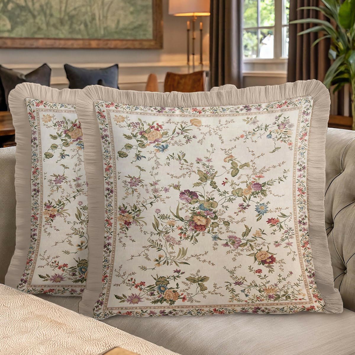 Vintage Floral Fringed Cushion Cover – Set of 2 Cream Classic Country Throw Pillow Cover with Beige Tassels - Wear Sierra