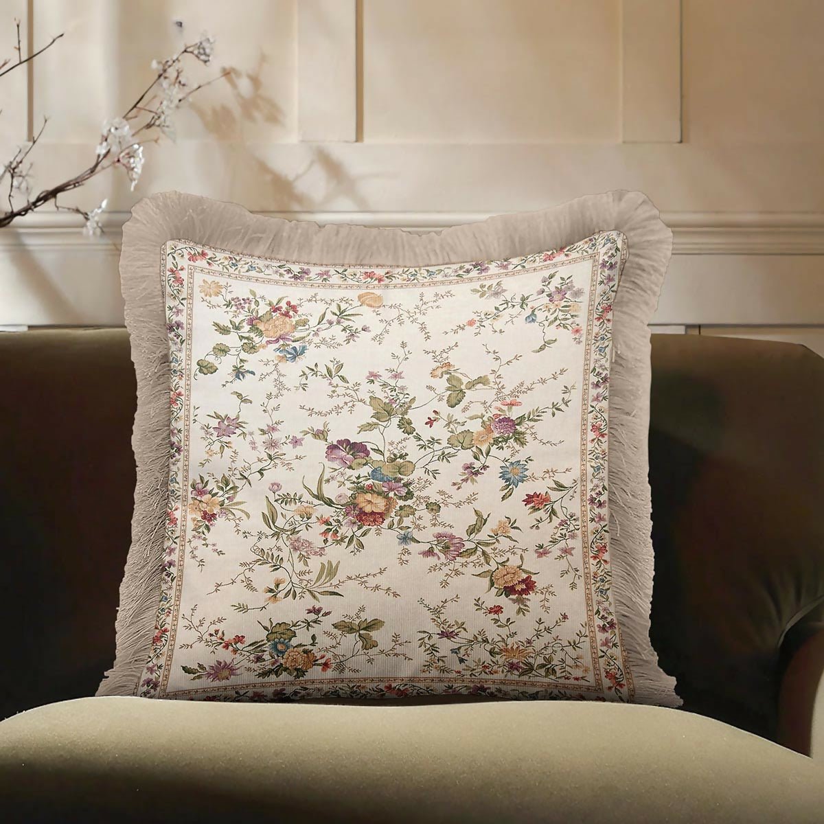 Vintage Floral Fringed Cushion Cover – Set of 2 Cream Classic Country Throw Pillow Cover with Beige Tassels - Wear Sierra
