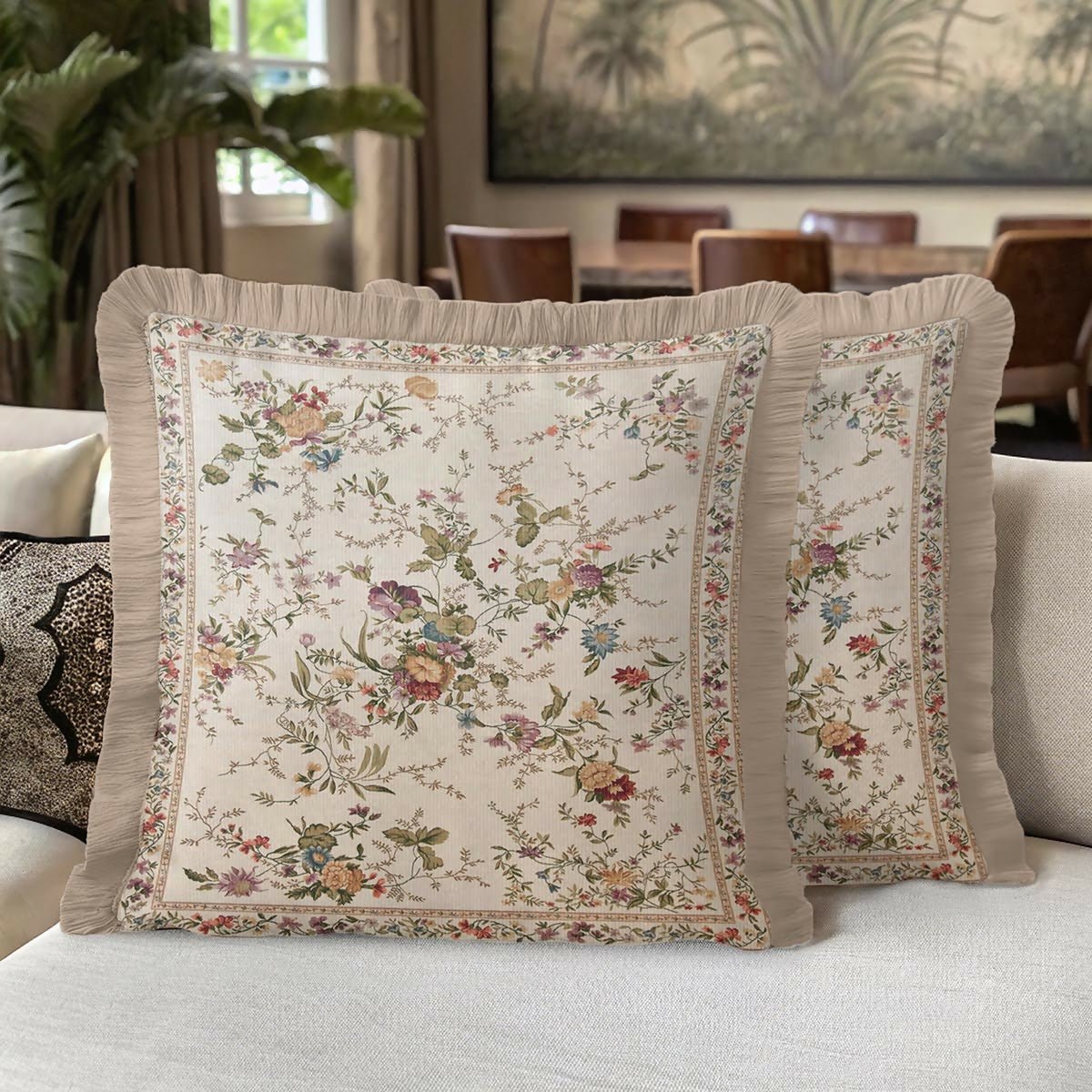 Vintage Floral Fringed Cushion Cover – Set of 2 Cream Classic Country Throw Pillow Cover with Beige Tassels - Wear Sierra