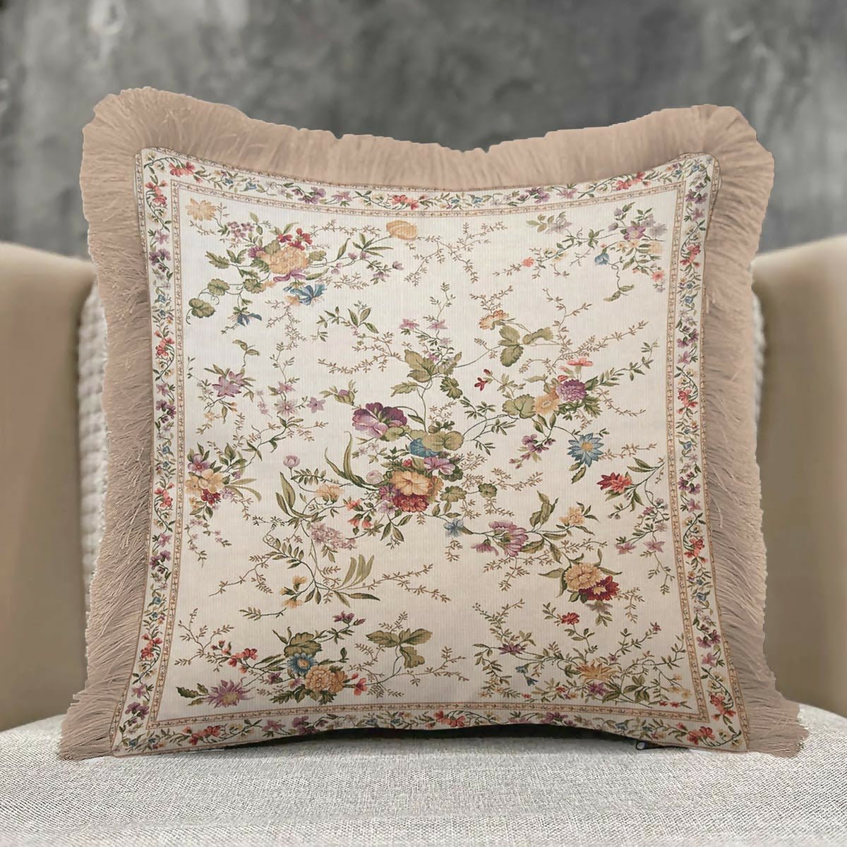Vintage Floral Fringed Cushion Cover – Set of 2 Cream Classic Country Throw Pillow Cover with Beige Tassels - Wear Sierra