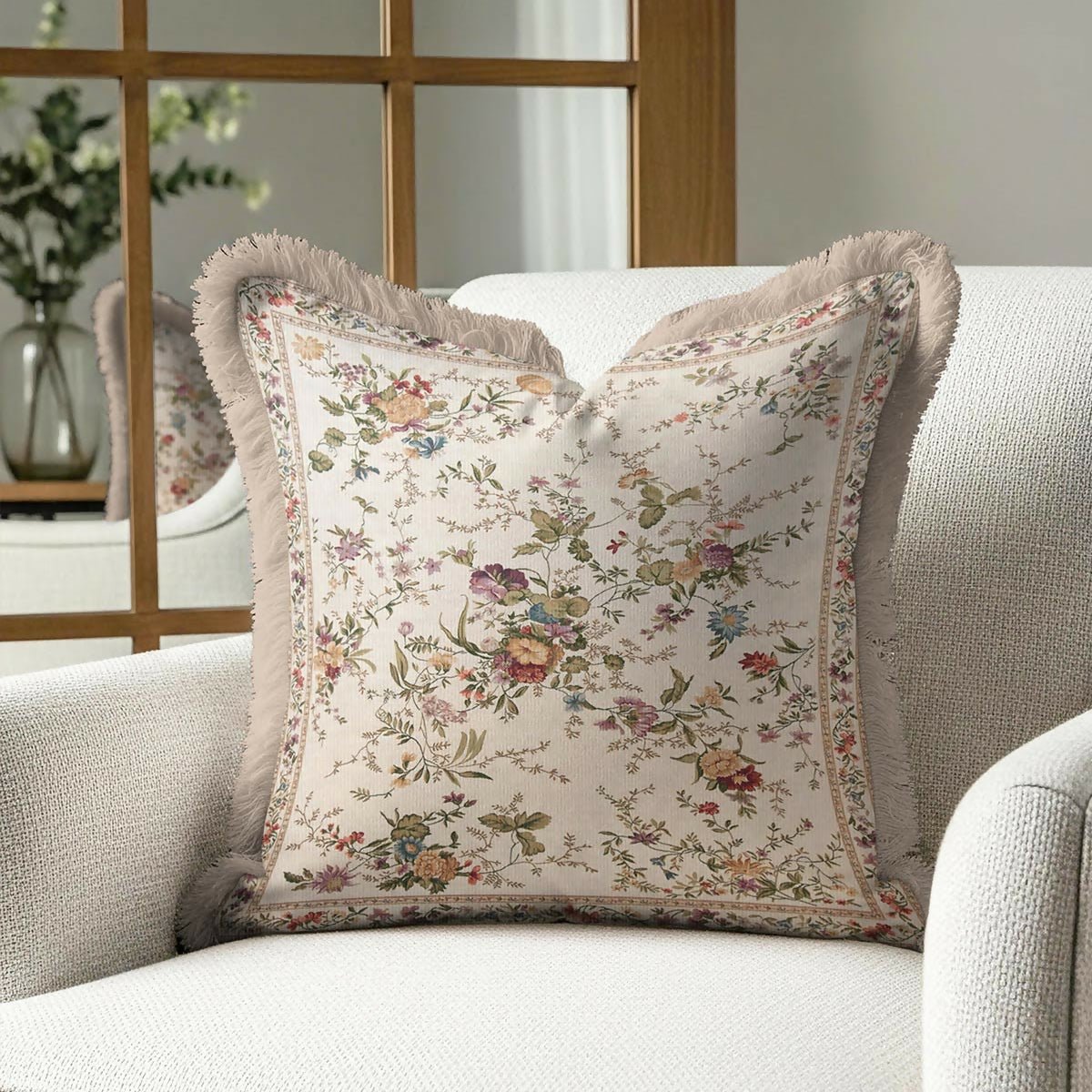 Vintage Floral Fringed Cushion Cover – Set of 2 Cream Classic Country Throw Pillow Cover with Beige Tassels - Wear Sierra