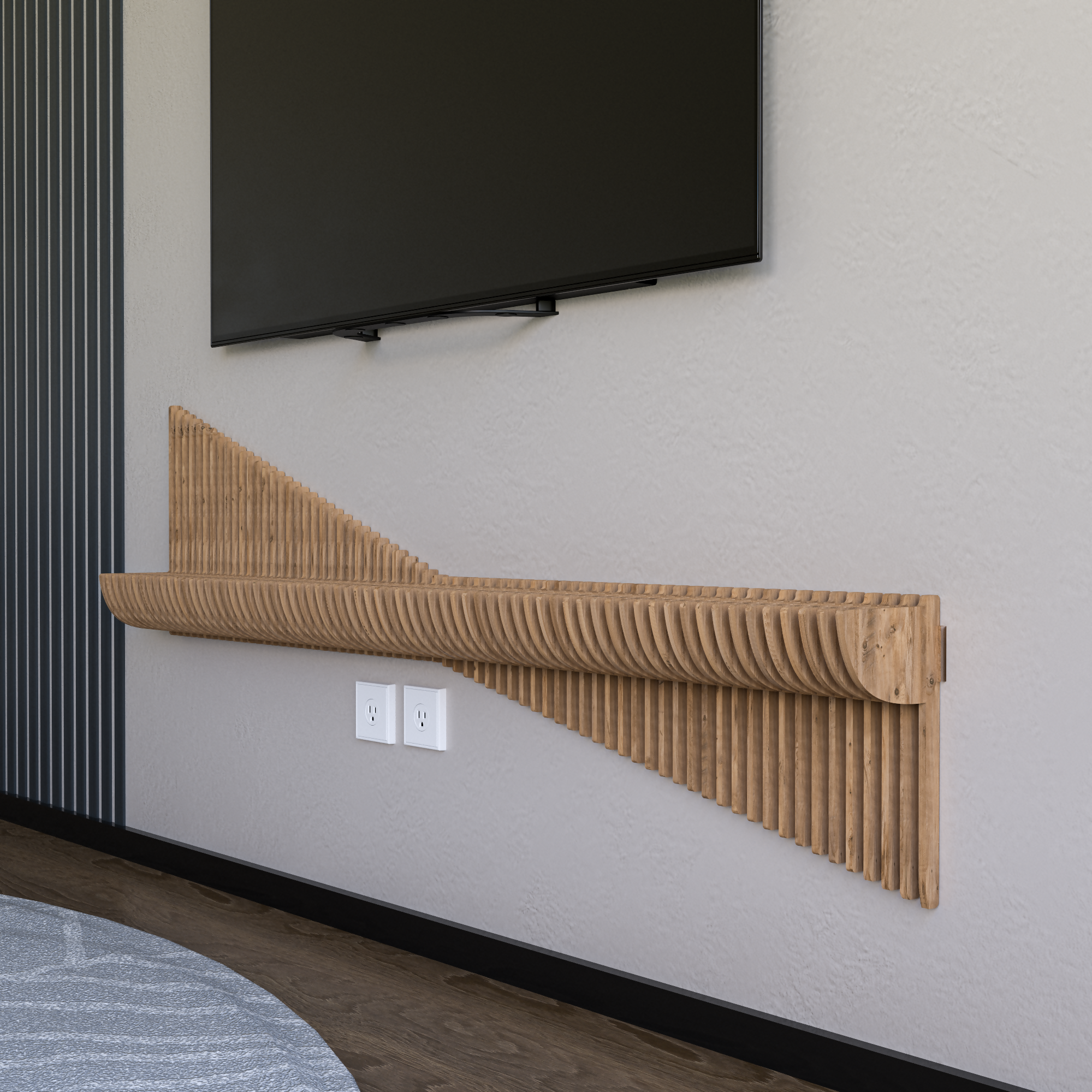 BATAMEX Parametric 60 inch Floating Shelf TV Unit Modern Geometric Wooden Wall Piece Decor Natural Oak Color 3D Wavy Living and Gaming Room Shelf