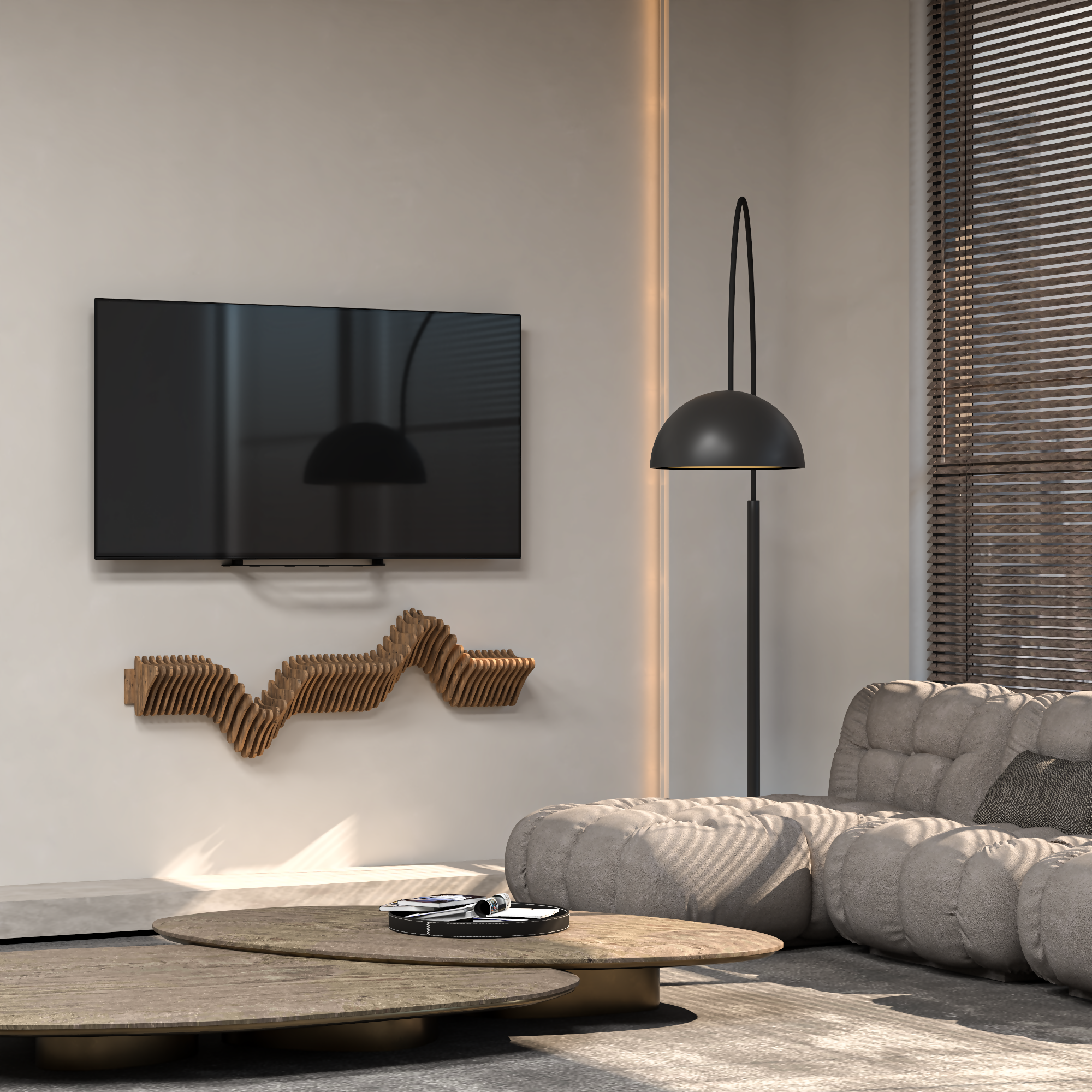 Parametric 63" Floating Shelf TV Unit Modern Geometric Wooden Wall Piece Decor Natural Oak Color 3D Wavy Living and Gaming Room Shelf