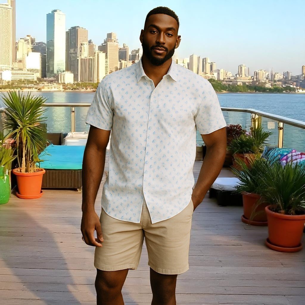 Wear Sierra Top Shelf Men's Cotton Button Down Short Sleeve Shirts White & Blue Flowers - Wear Sierra