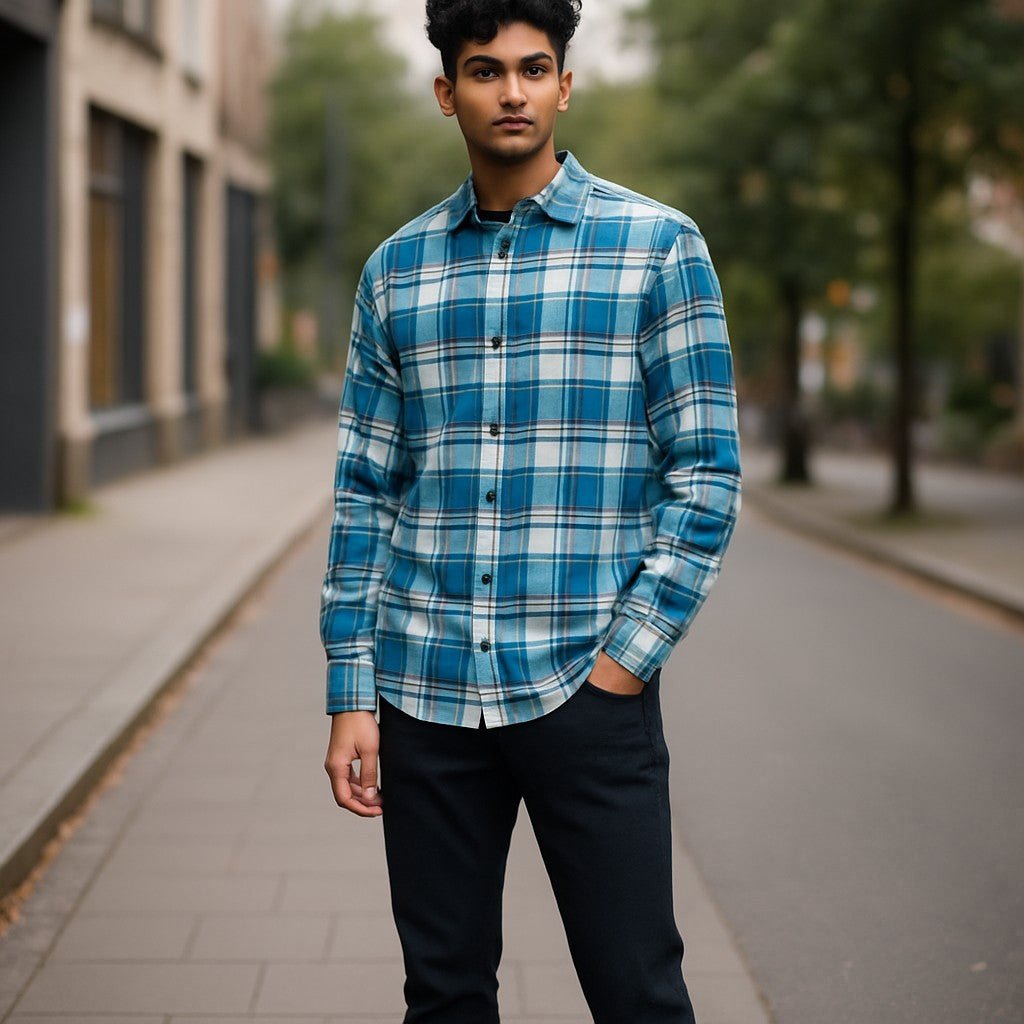 Wear Sierra Top Shelf Men's Cotton Long Sleeve Button Down Shirts in Blue Plaid - Wear Sierra