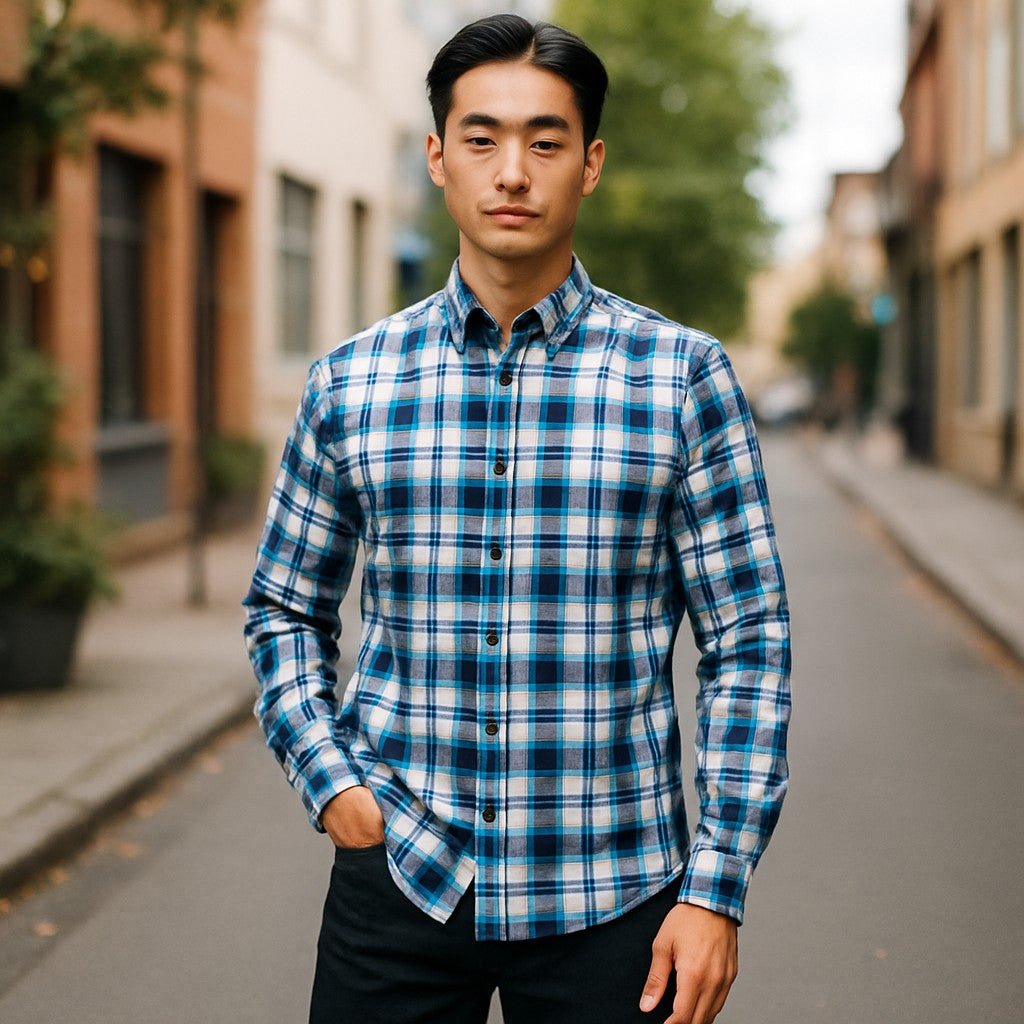 Wear Sierra Top Shelf Men's Cotton Long Sleeve Button Down Shirts in Blue Plaid - Wear Sierra